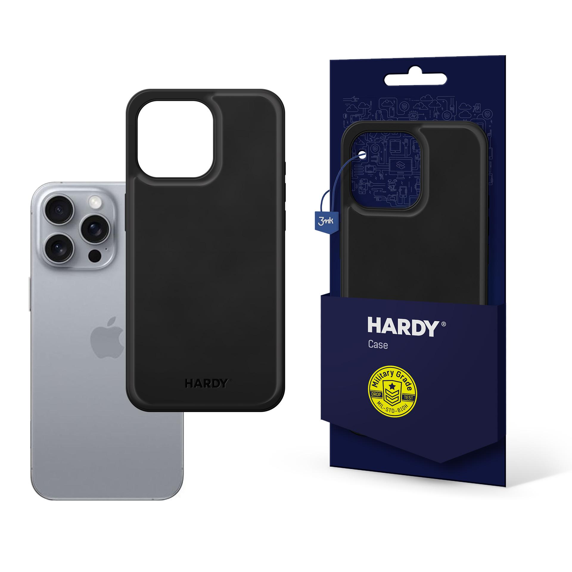 Una custodia nera per telefono, un telefono argentato e una confezione con la scritta 'HARDY Case' sono esposti su sfondo bianco.