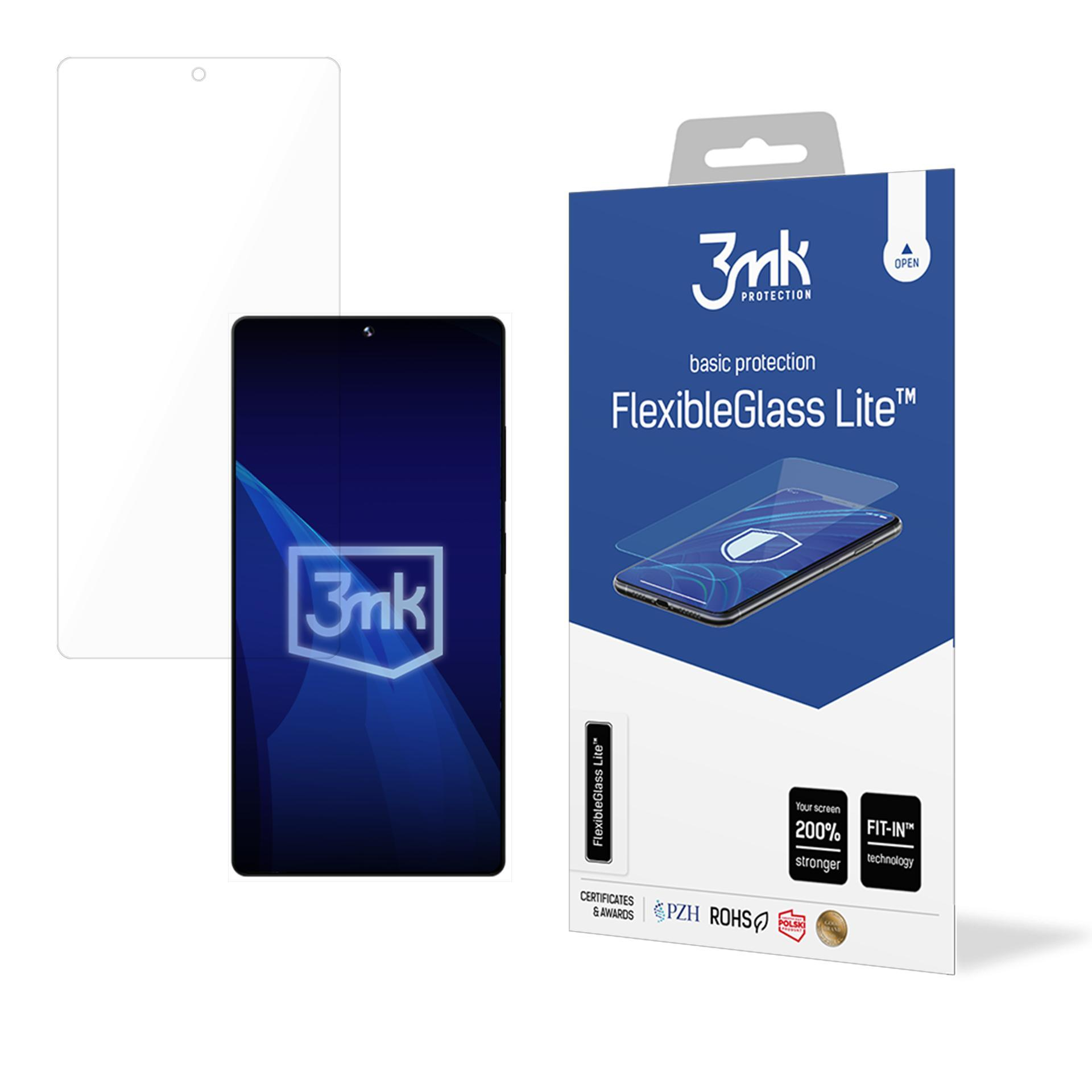 Un proteggi schermo e un telefono accanto a una scatola blu e bianca. La scatola dice FlexibleGlass Lite, con il logo 3mk Protection.