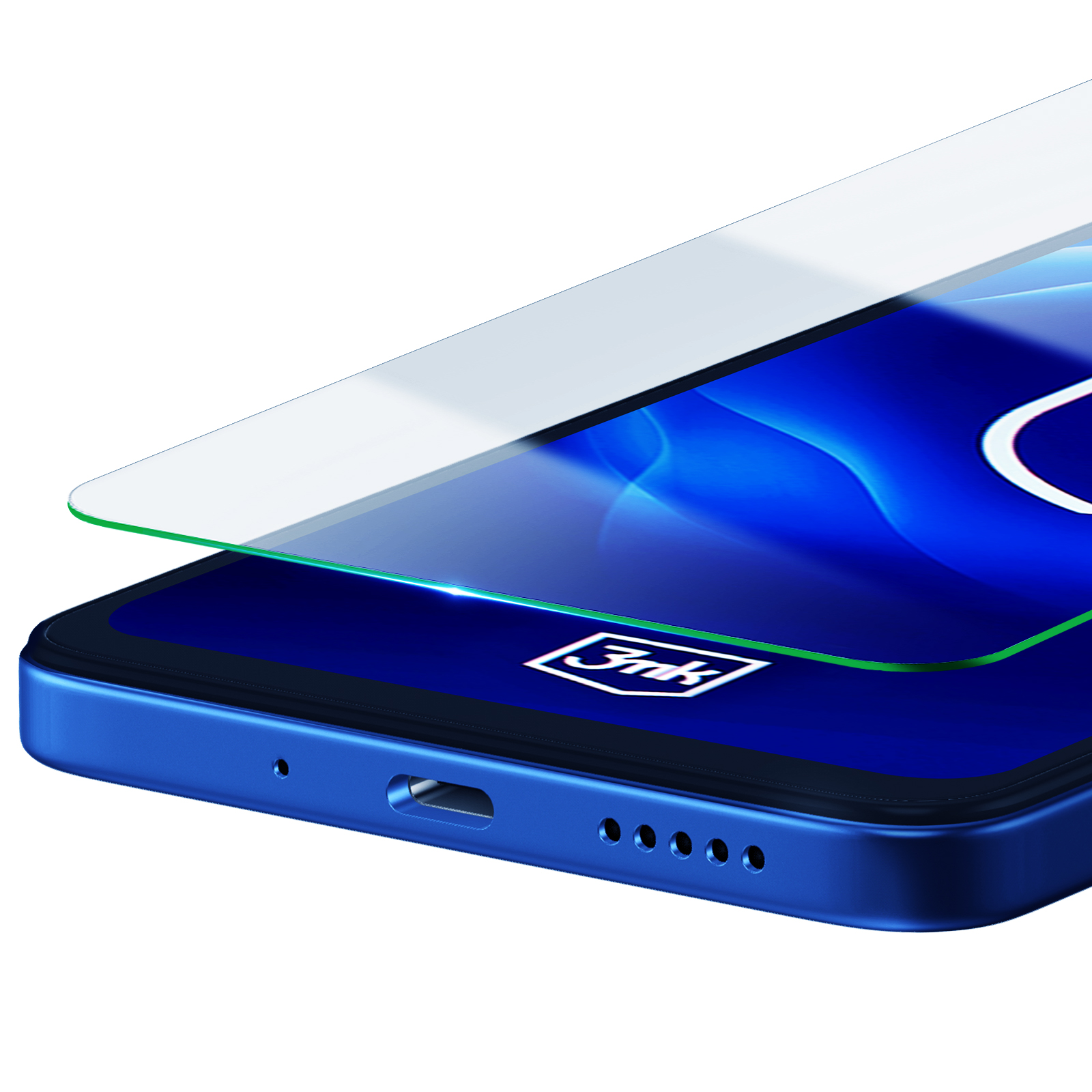 Uno smartphone blu con una protezione per lo schermo. Lo schermo mostra uno sfondo blu con un logo. Sopra c'è una protezione.