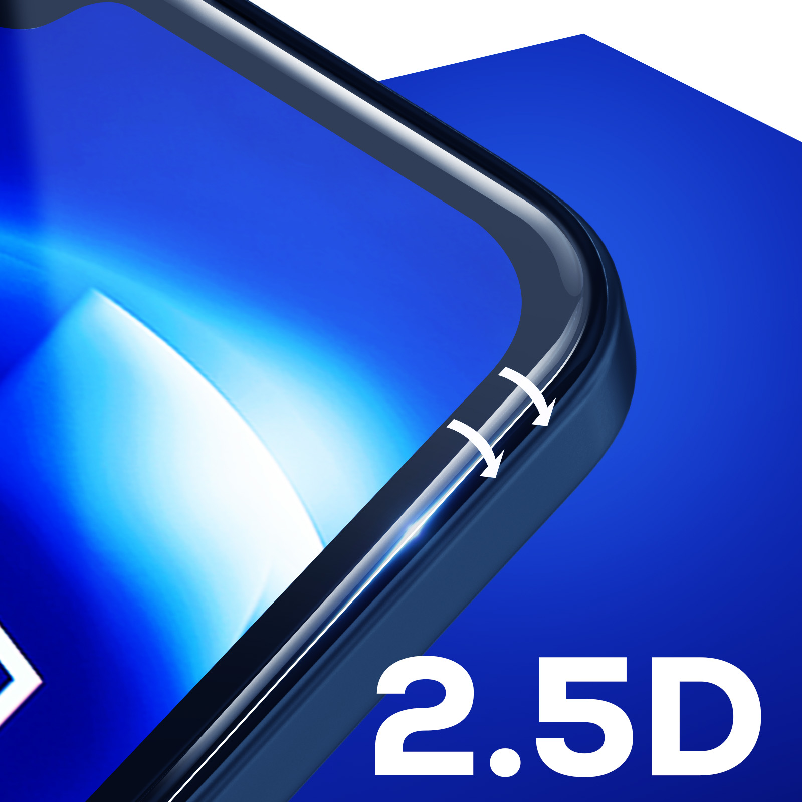 Sfondo blu con cornice blu scuro e frecce bianche. Il testo "2.5D" è mostrato in basso nella cornice.