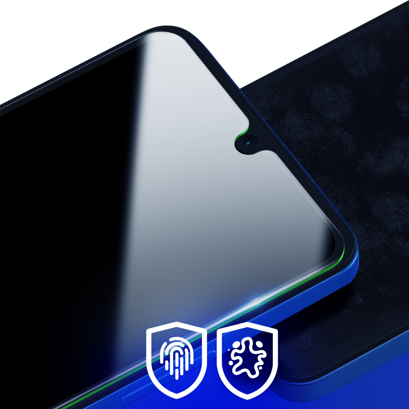 Due smartphone con protezioni schermo. Uno schermo è chiaro, l'altro scuro. Le icone di protezione sono in basso.