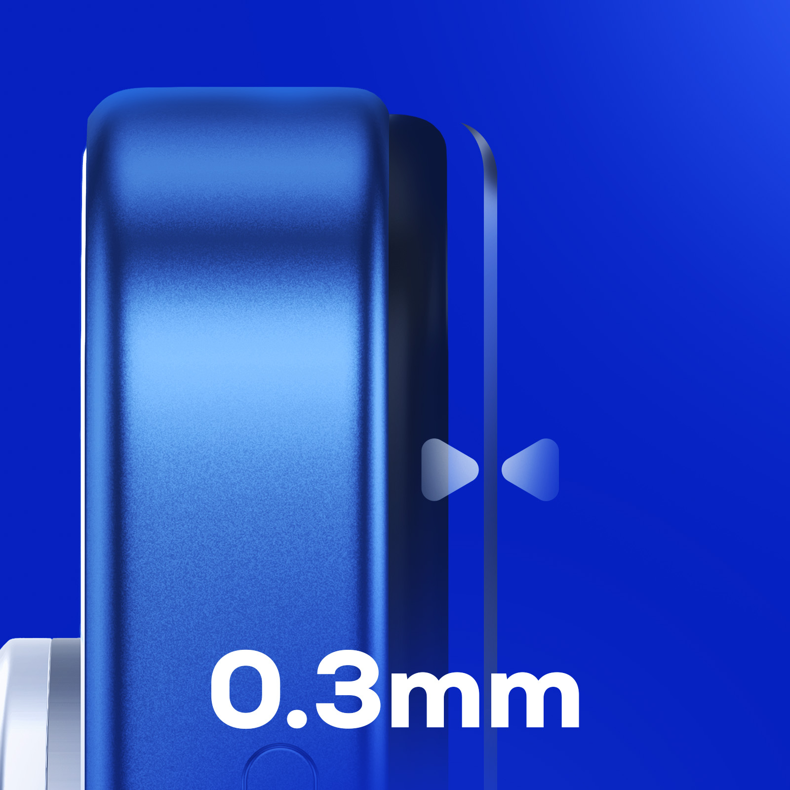 Un dispositivo blu con la scritta '0,3 mm' su sfondo blu sfumato. Pulsanti play a destra.