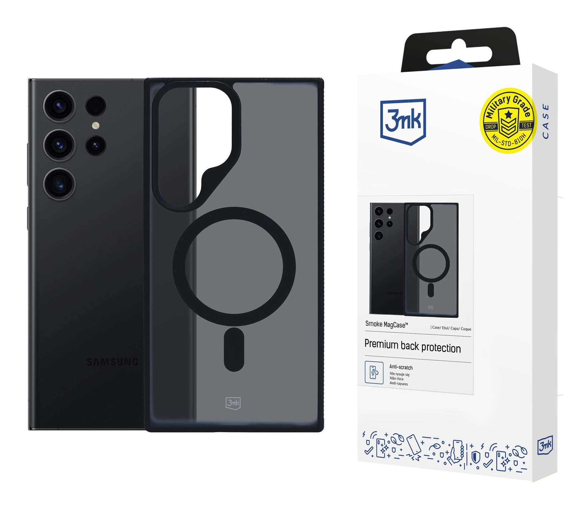 Wyświetlany jest telefon Samsung i etui. Etui jest przezroczyste i zakrywa telefon. Opakowanie ma logo 3mk.