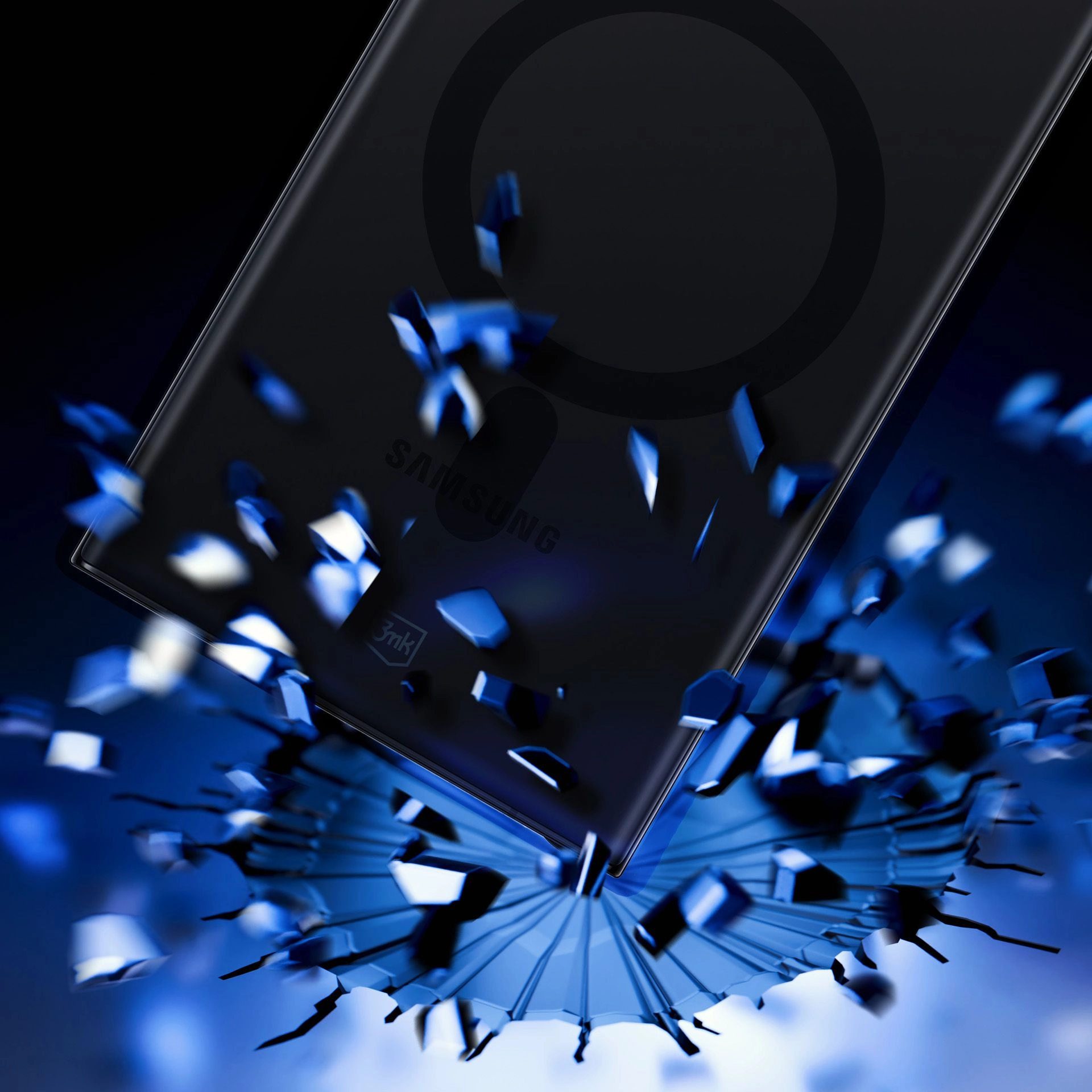 Czarny telefon Samsung z okrągłym wzorem, otoczony niebieskimi, pofragmentowanymi kształtami, na ciemnoniebieskim tle.