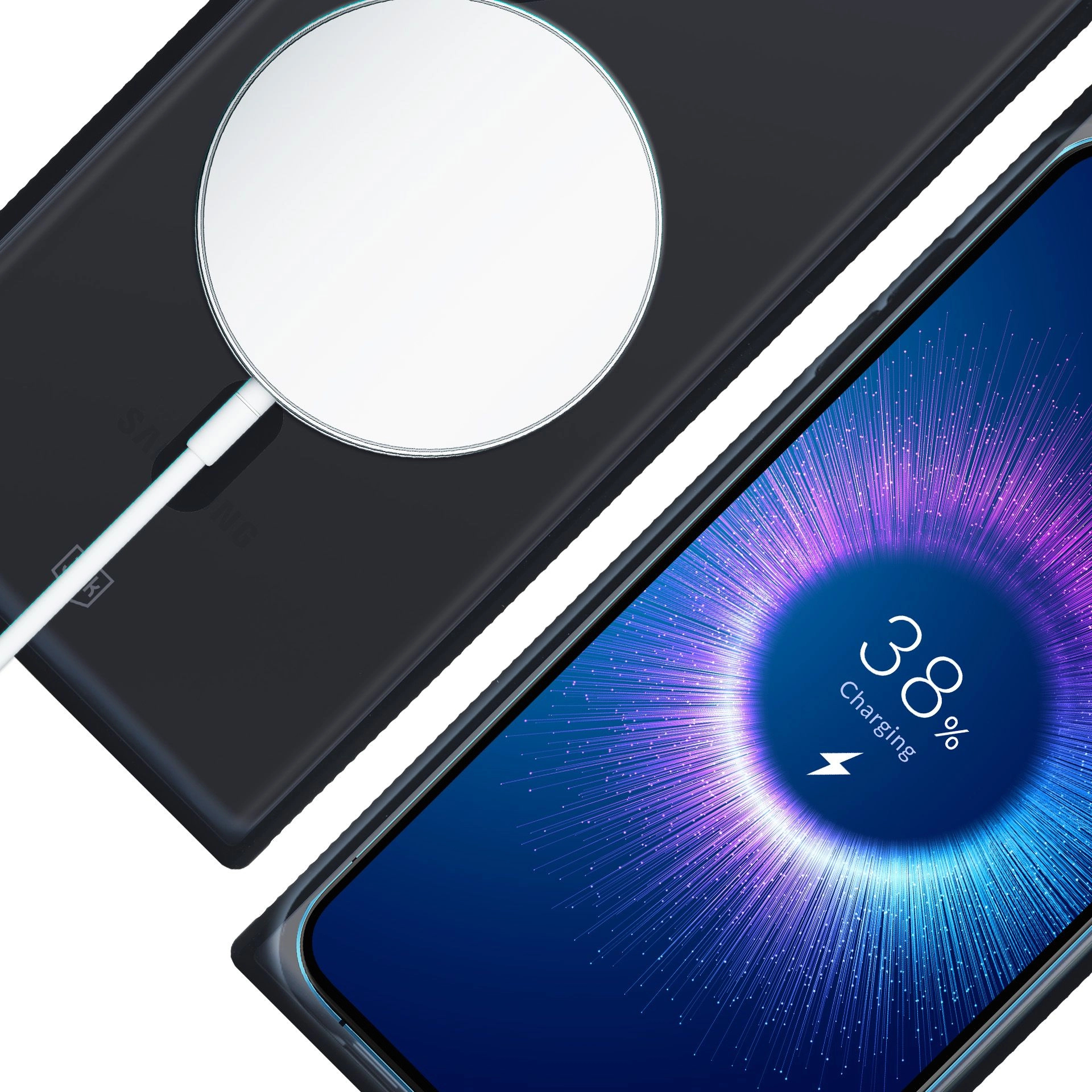 Telefon ładuje się bezprzewodowo. Ekran pokazuje 38% naładowania. Z tyłu przymocowana jest biała ładowarka.