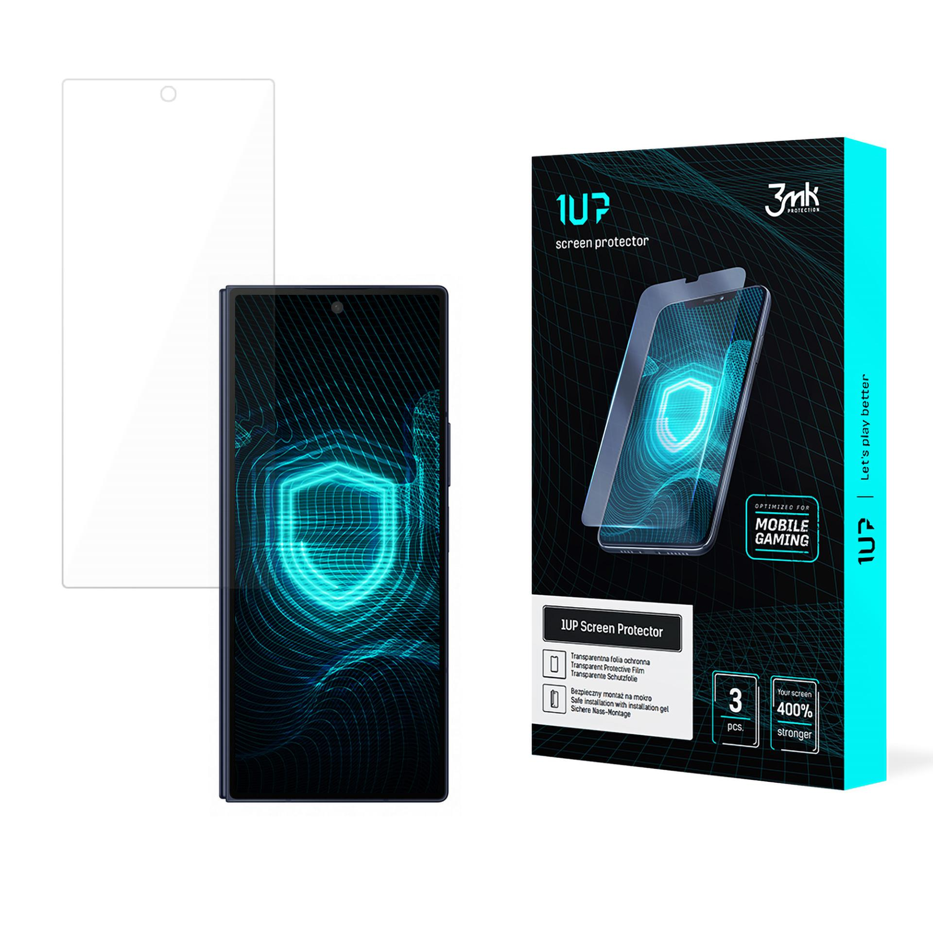 Un proteggi schermo, un telefono e una scatola. La scatola ha il marchio 1UP. Il telefono mostra una grafica a scudo luminoso.