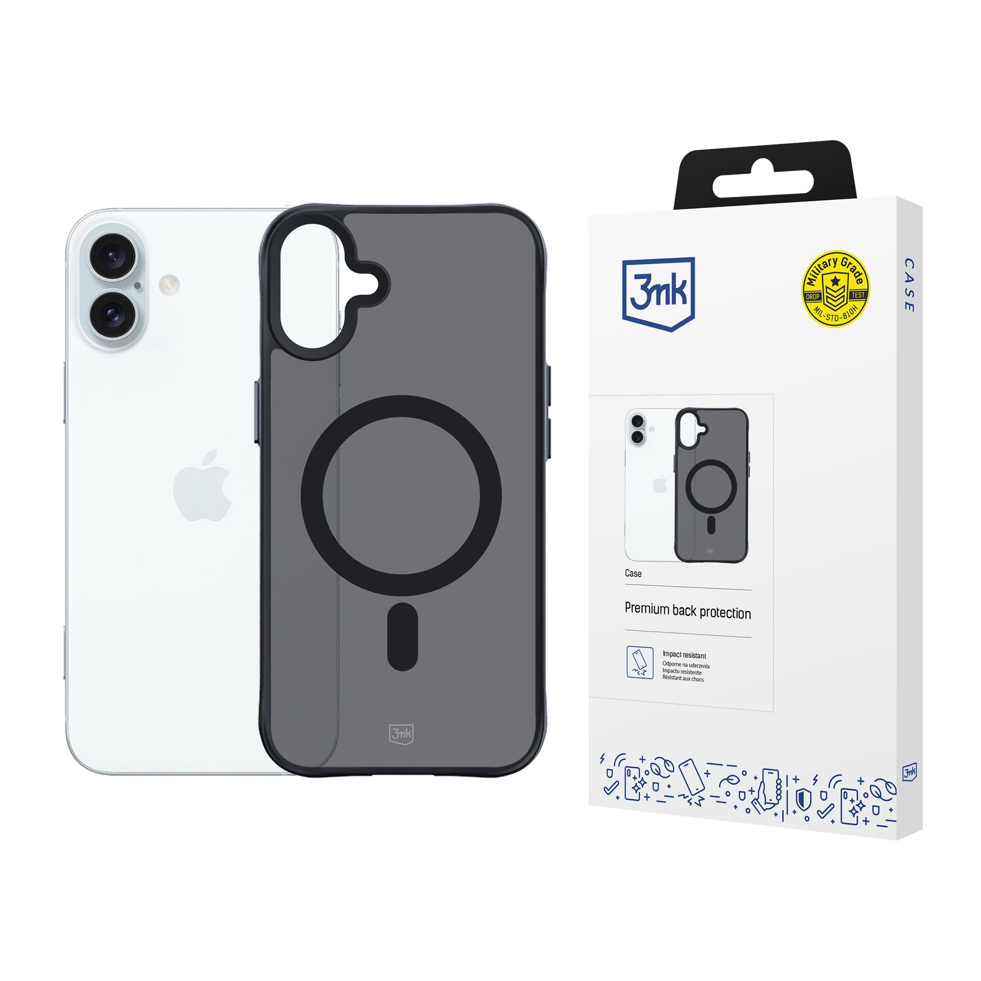 iPhone bianco accanto a una custodia grigio scuro con una scatola. La custodia ha un ritaglio circolare. La scatola ha il logo del marchio.