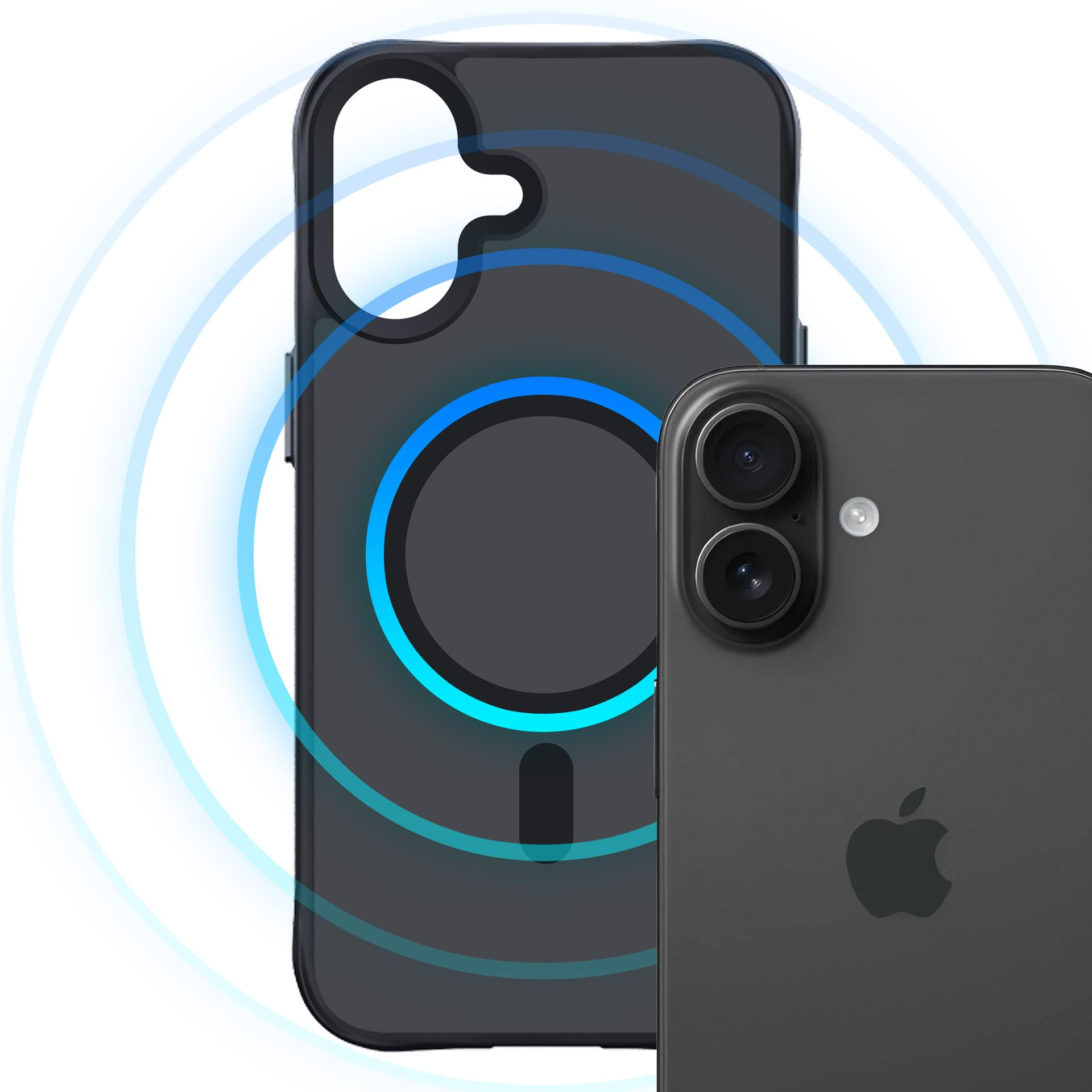 Un iPhone con custodia. La custodia è nera, con un cerchio blu. Il telefono è nero e ha due fotocamere.