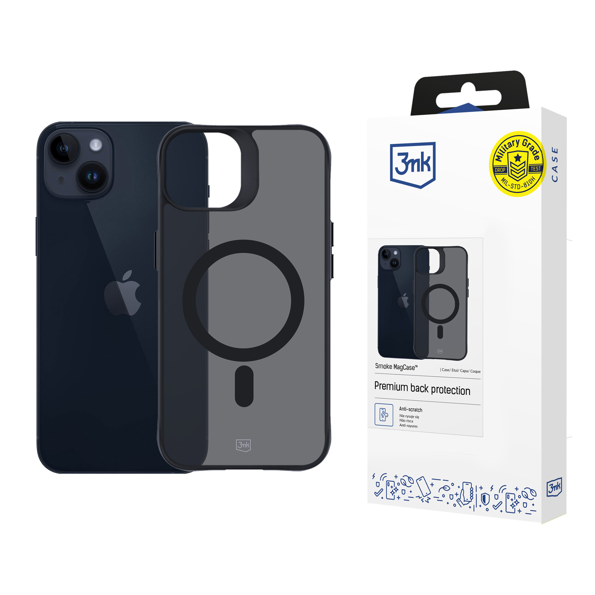 Ciemnoniebieski iPhone z szarą obudową obok białego pudełka. Pudełko pokazuje telefon z obudową i szczegóły produktu.