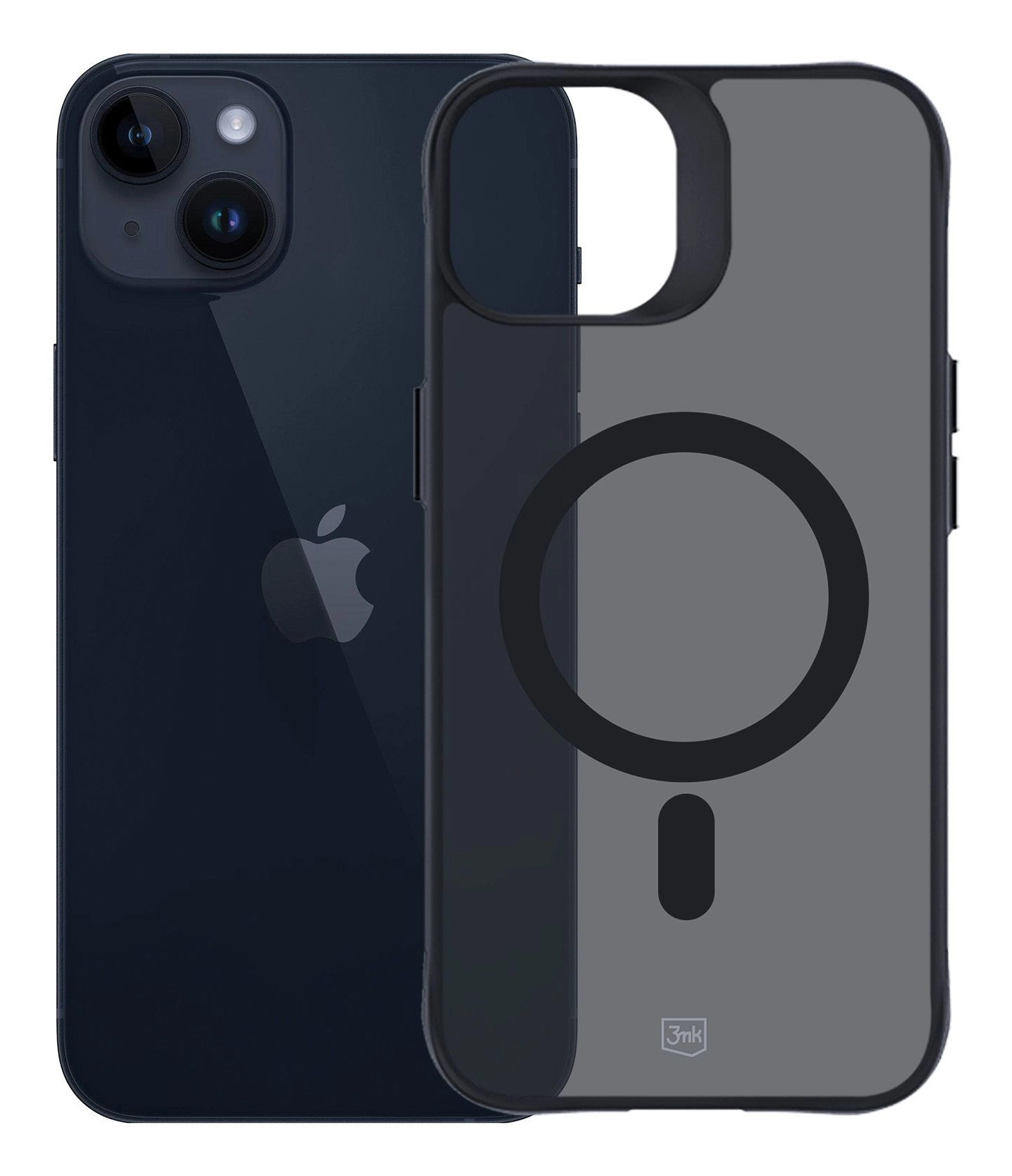 Ciemnoniebieski iPhone obok przezroczystego szarego etui. Etui ma okrągły magnetyczny wzór.