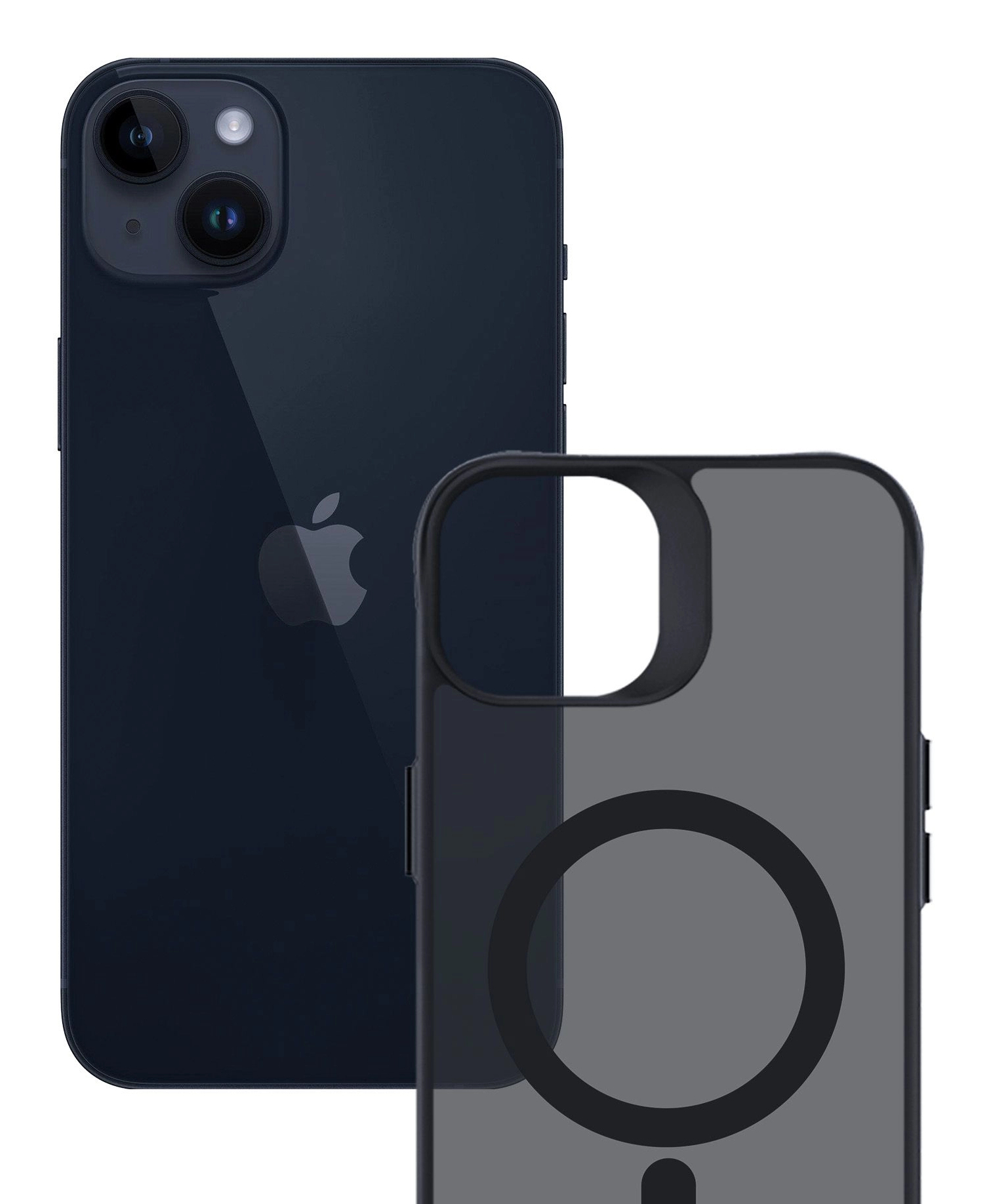 Czarny iPhone z przezroczystym etui. Telefon ma podwójny aparat i logo Apple. Etui ma okrągły wzór.