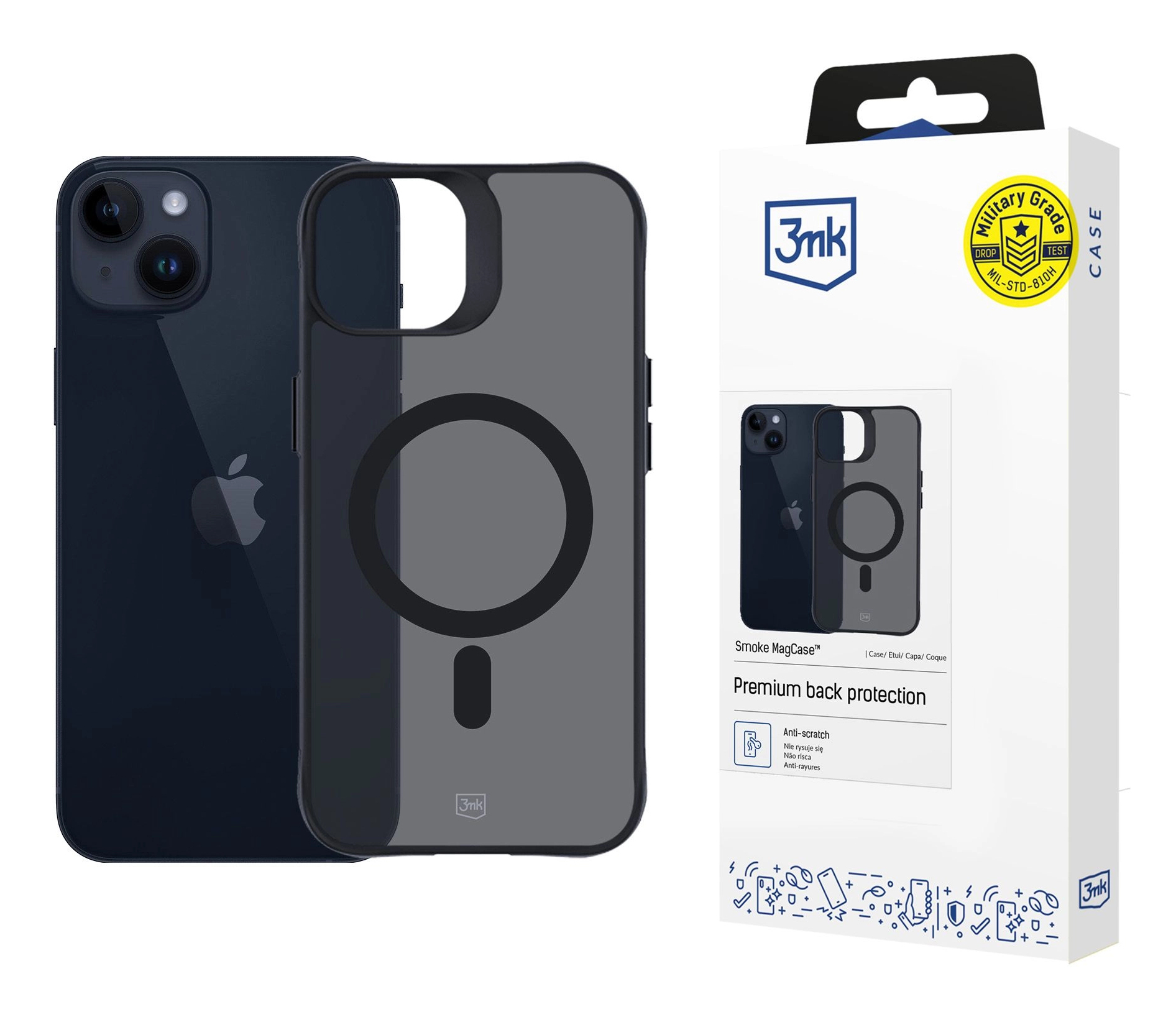 iPhone i etui na białym tle. Etui jest przezroczyste i ma pierścień magnetyczny. Pudełko jest białe.