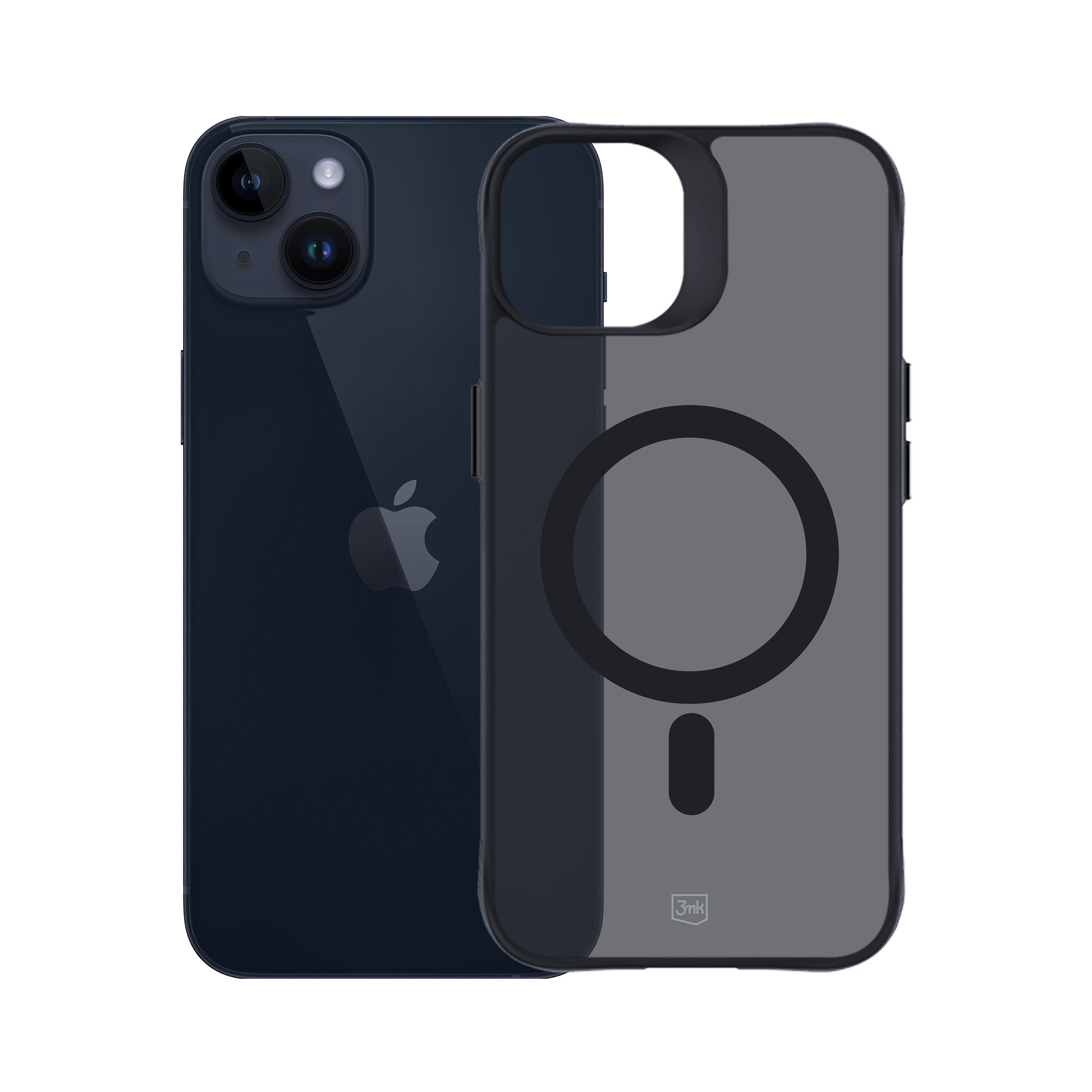 iPhone 14 Pro w kolorze granatowym, z przezroczystym szarym etui. Etui ma okrągły magnes i mały prostokąt.