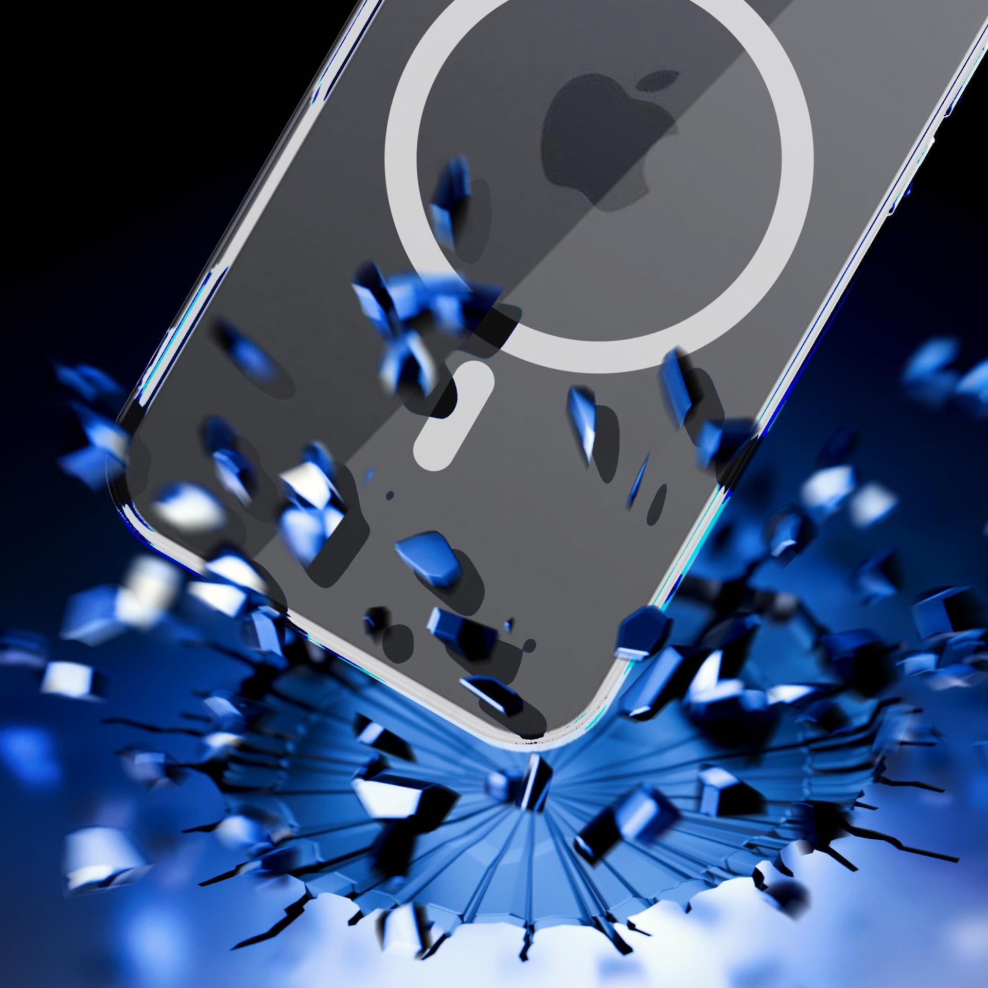 Una custodia per telefono con logo Apple si frantuma in schegge blu su sfondo blu scuro.