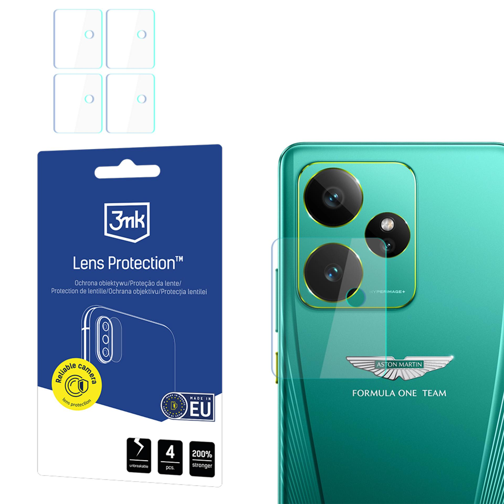 L'immagine mostra protezioni per lenti del telefono, un telefono e imballaggio. Il telefono è verde, l'imballaggio blu.