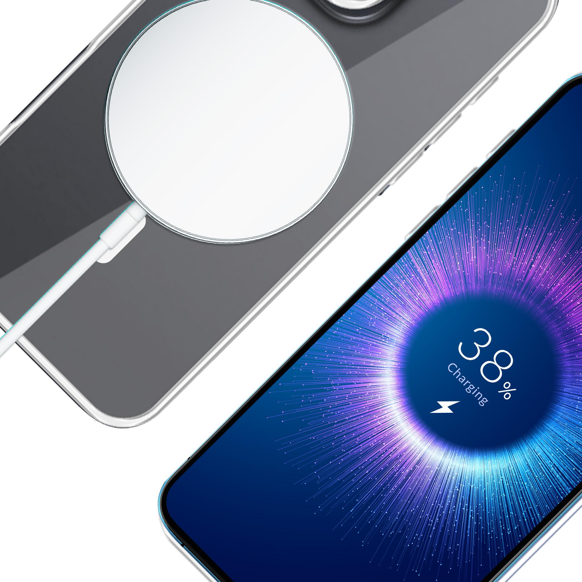Un telefono con display di ricarica che mostra il 38%. È collegato un caricatore wireless. Lo sfondo è bianco.
