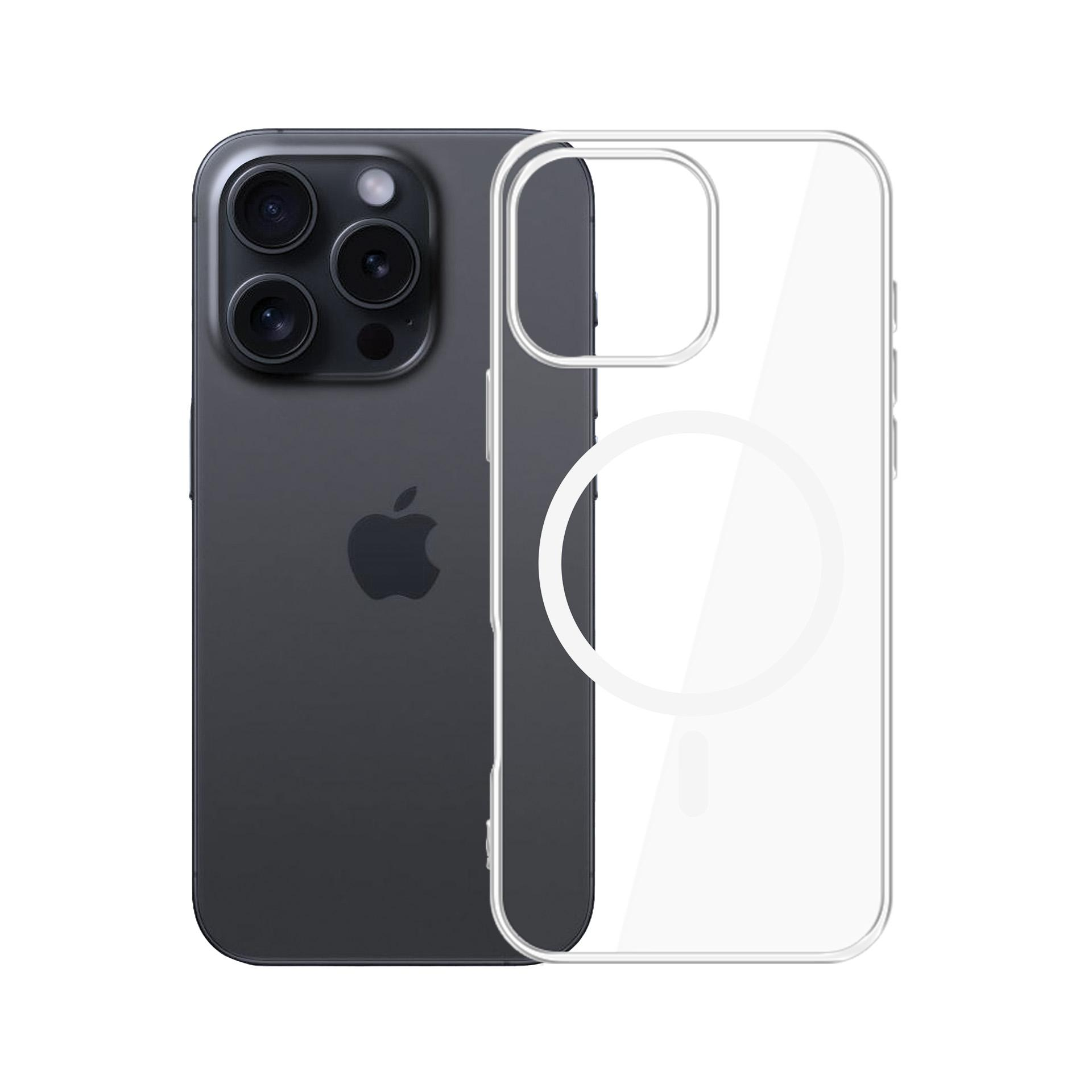 iPhone nero con custodia trasparente, mostra la fotocamera e il logo Apple. La custodia è di lato.