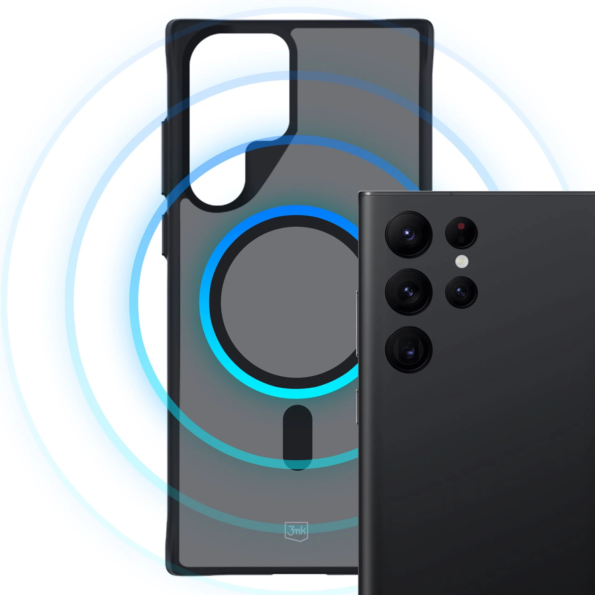 Un telefono nero e una custodia per telefono sono esposti. La custodia ha un anello magnetico ed è posizionata dietro il telefono.
