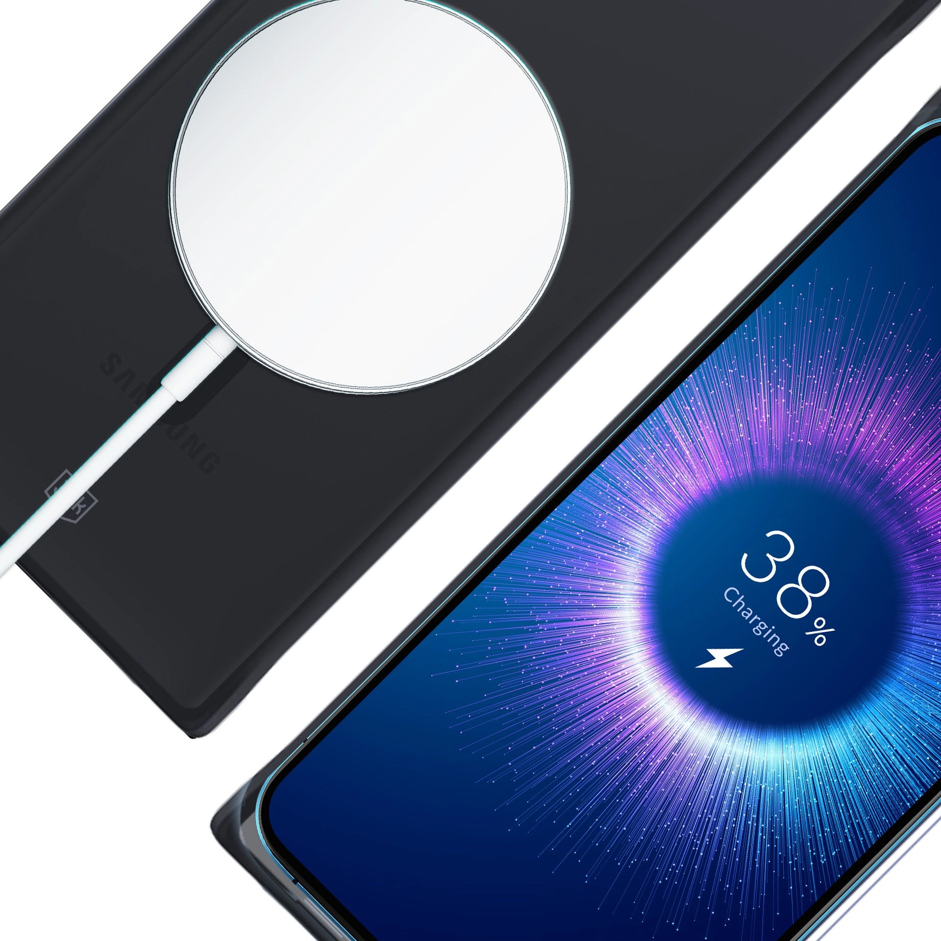 Un telefono in carica wireless. Il telefono mostra il 38% di carica. Un pad di ricarica bianco è collegato al telefono.