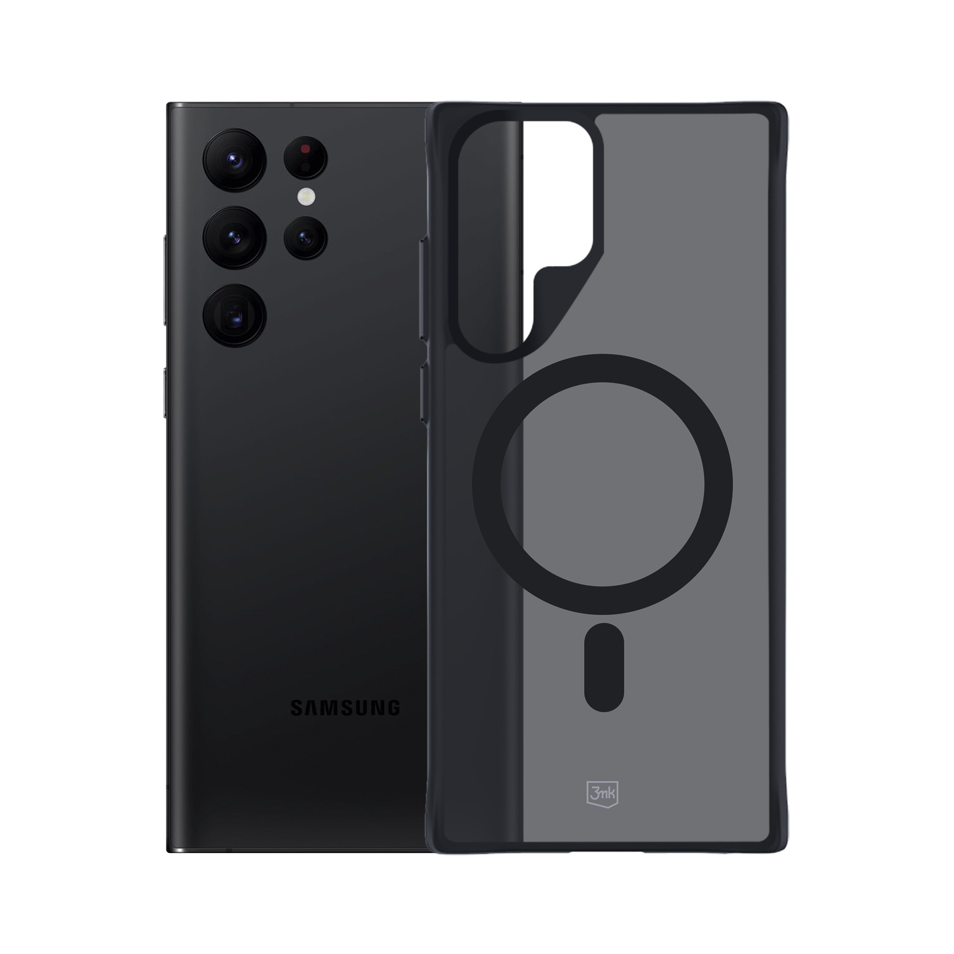 Telefono Samsung nero con custodia trasparente. La custodia mostra un cerchio e un rettangolo neri. Lo sfondo è bianco.