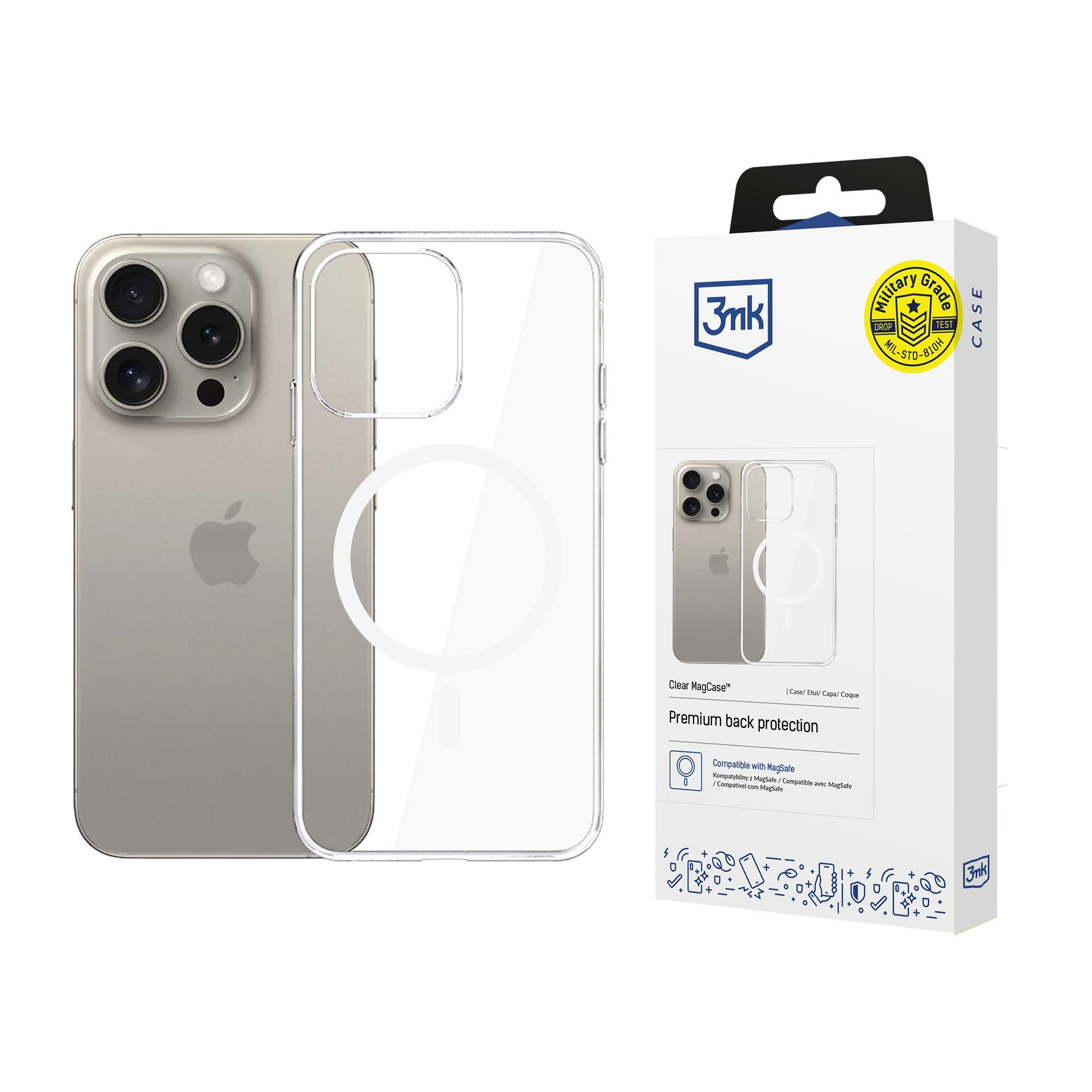 Un iPhone con custodia trasparente accanto alla sua confezione, con marchio e testo sulla protezione e compatibilità MagSafe.