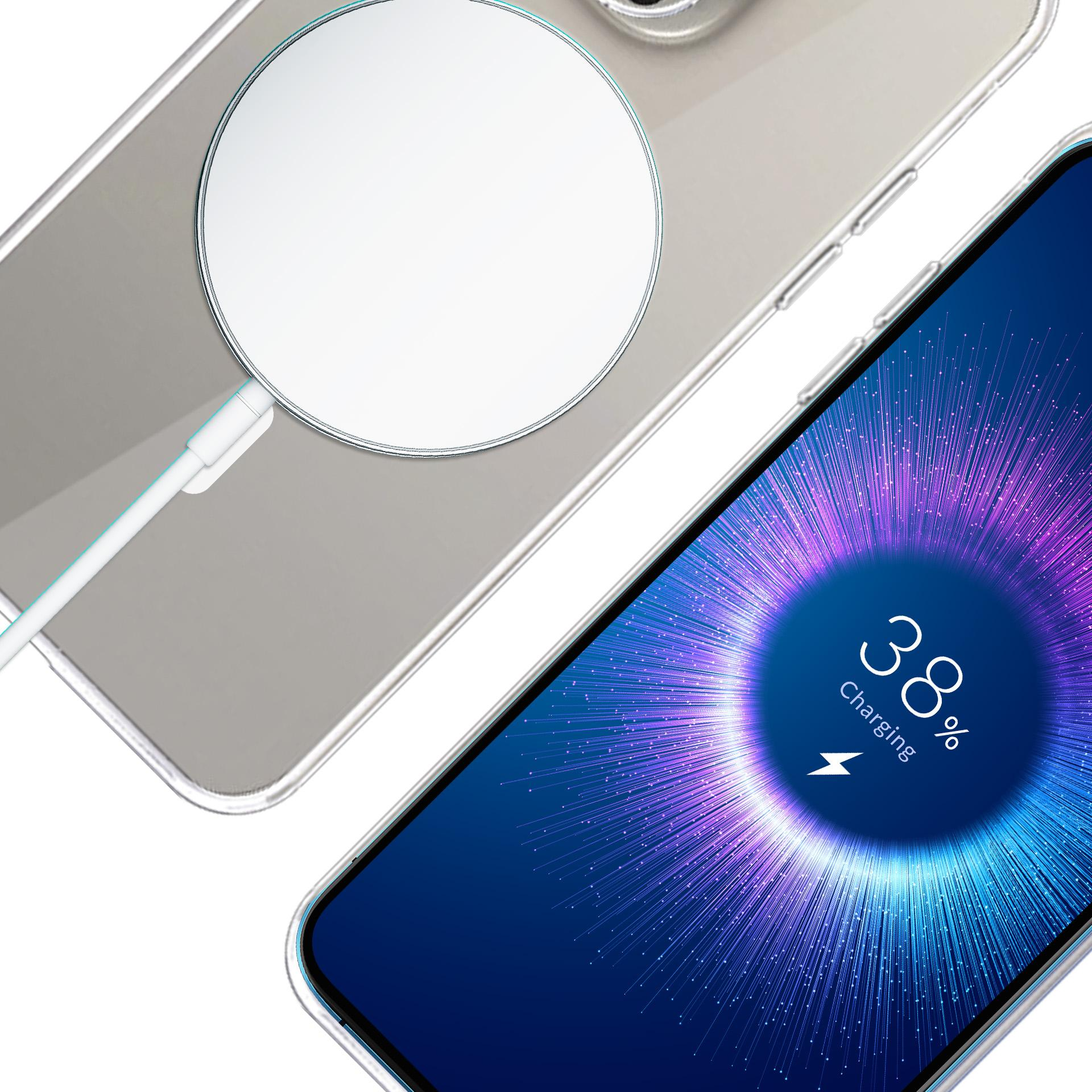Un telefono in carica wireless. Lo schermo mostra 38% di carica. Un pad di ricarica bianco è collegato.