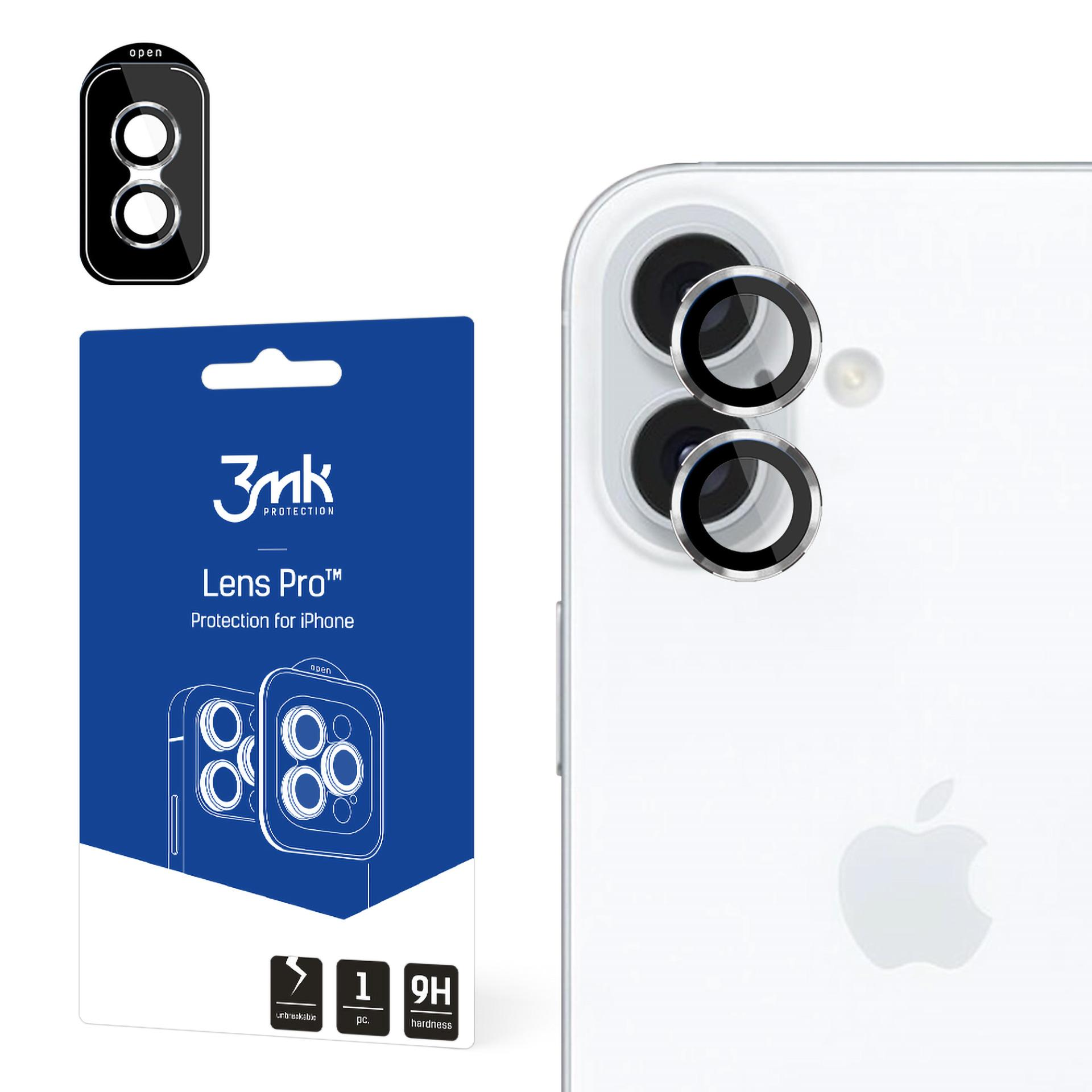 Kit protezione lenti iPhone. Include una confezione blu, un proteggi-lenti nero e un iPhone con obiettivo della fotocamera.