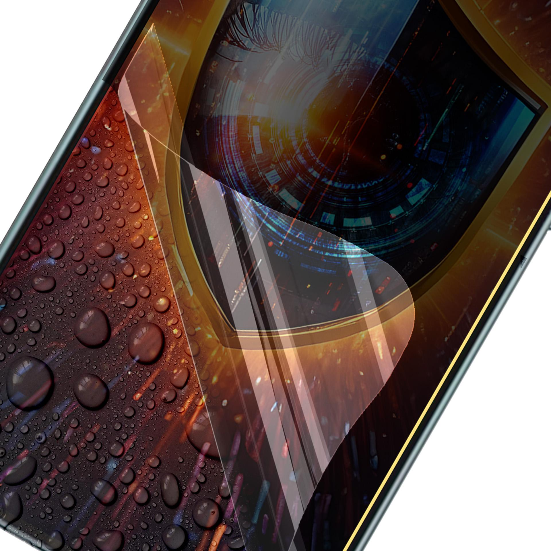 Zbliżenie ekranu telefonu z kroplami wody i nakładką z cyfrowym wzorem oka. Ekran jest czarno-złoty.