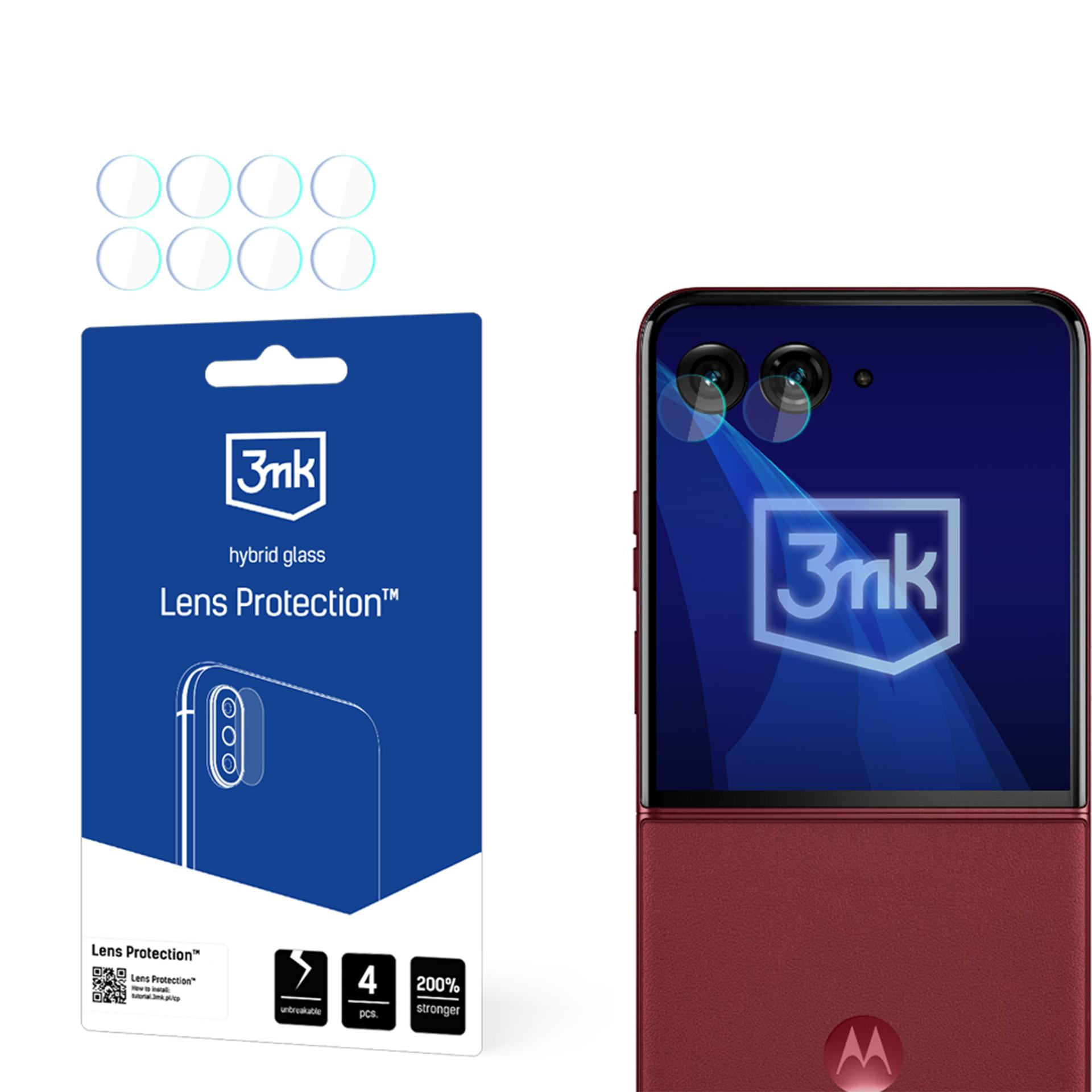 Un telefono con protezioni per lenti e una confezione con informazioni sulla protezione delle lenti e il logo 3mk.