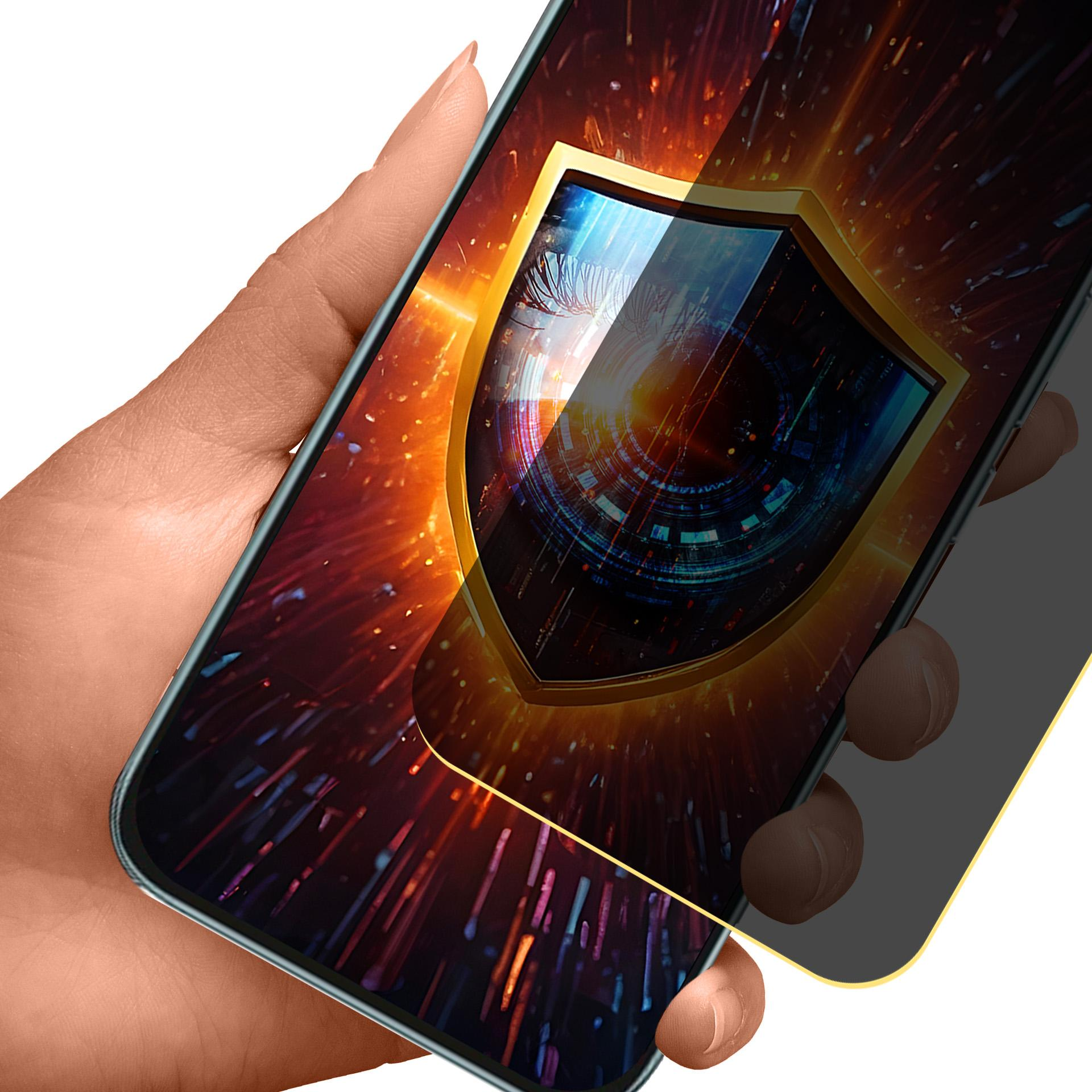 Ręka trzymająca smartfon z ikoną tarczy. Ekran wyświetla kolorowy, abstrakcyjny wzór z nakładką tarczy.