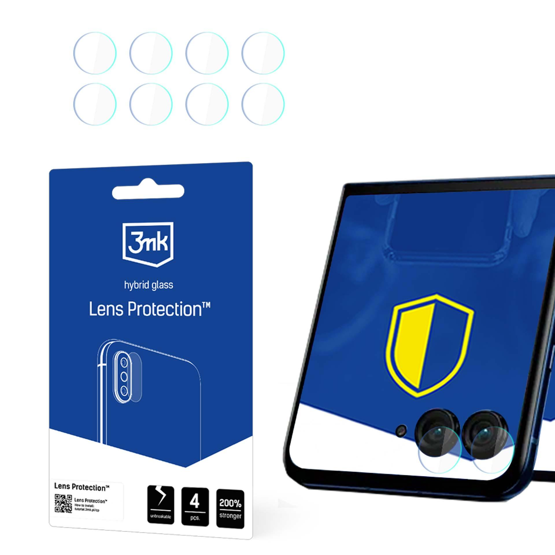 L'immagine presenta un set di prodotti Lens Protection, confezione e uno schermo del telefono con uno scudo giallo. Sono visibili occhiali protettivi.