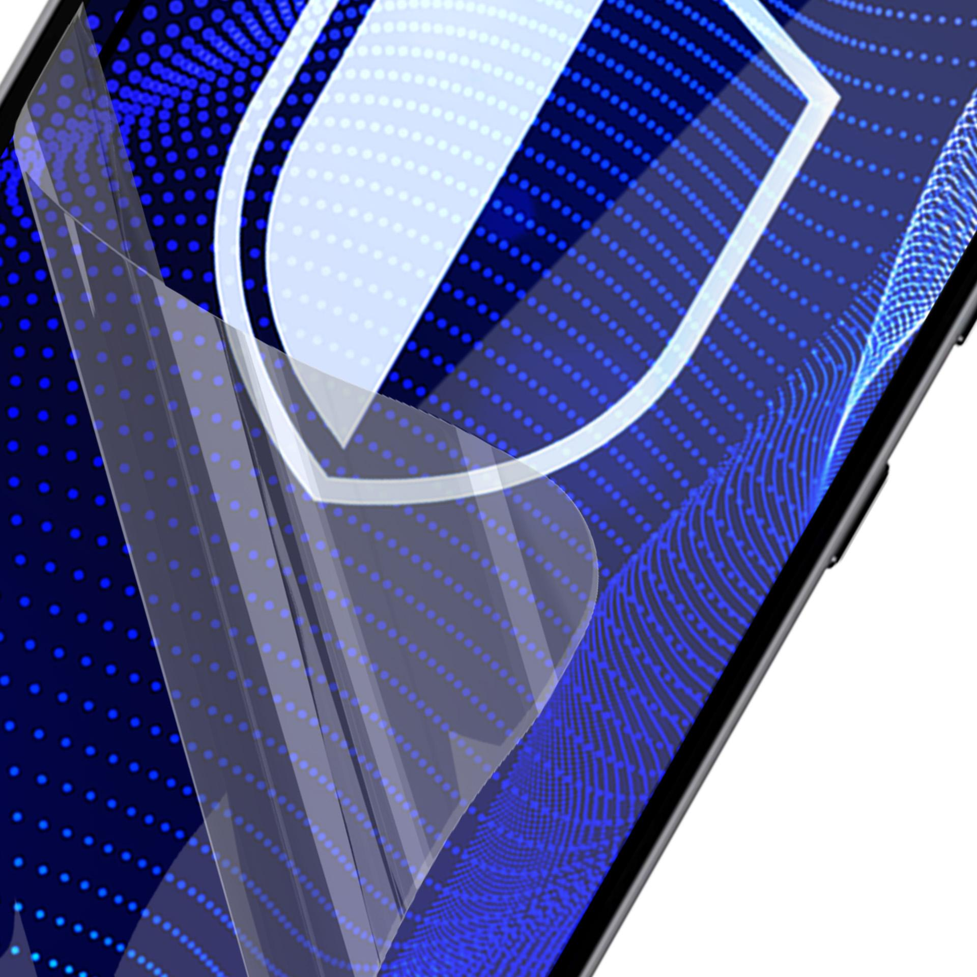 Ekran telefonu z grafiką tarczy bezpieczeństwa. Nakładany jest przezroczysty ochraniacz ekranu.