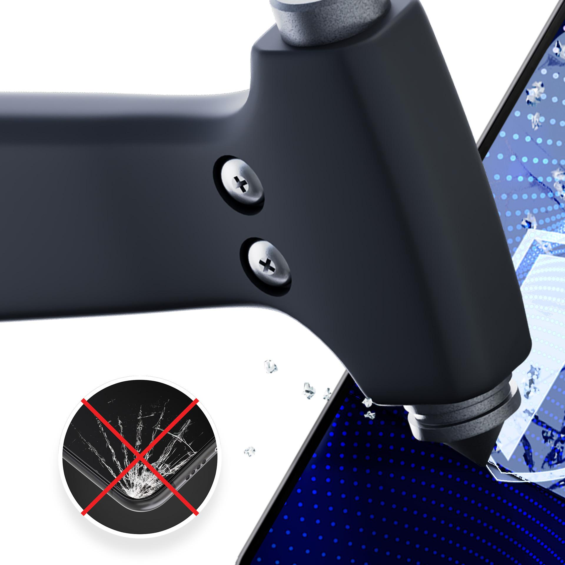 Młotek uderza w ekran telefonu, rozbijając go. Po lewej stronie okrąg z przekreślonym pękniętym telefonem.