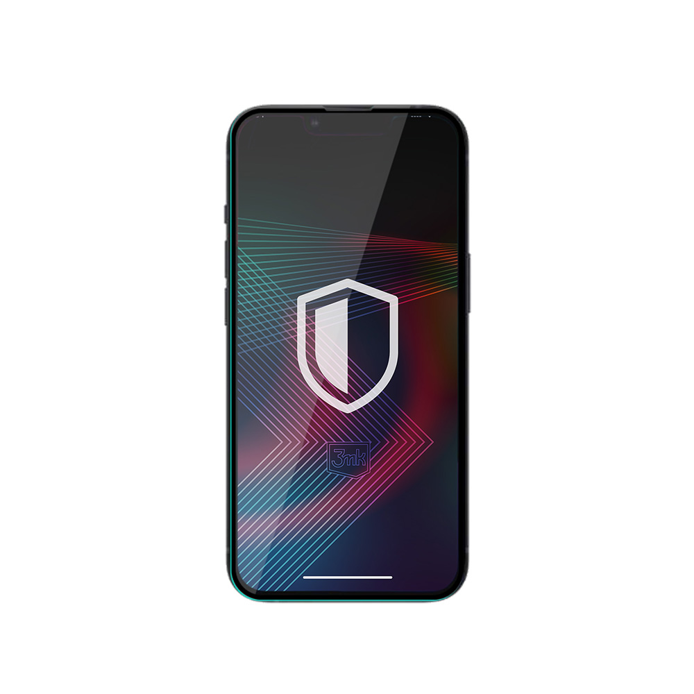 Smartfon wyświetla ikonę tarczy na ekranie. Tło ma kolorowe linie. Telefon jest na białym tle.