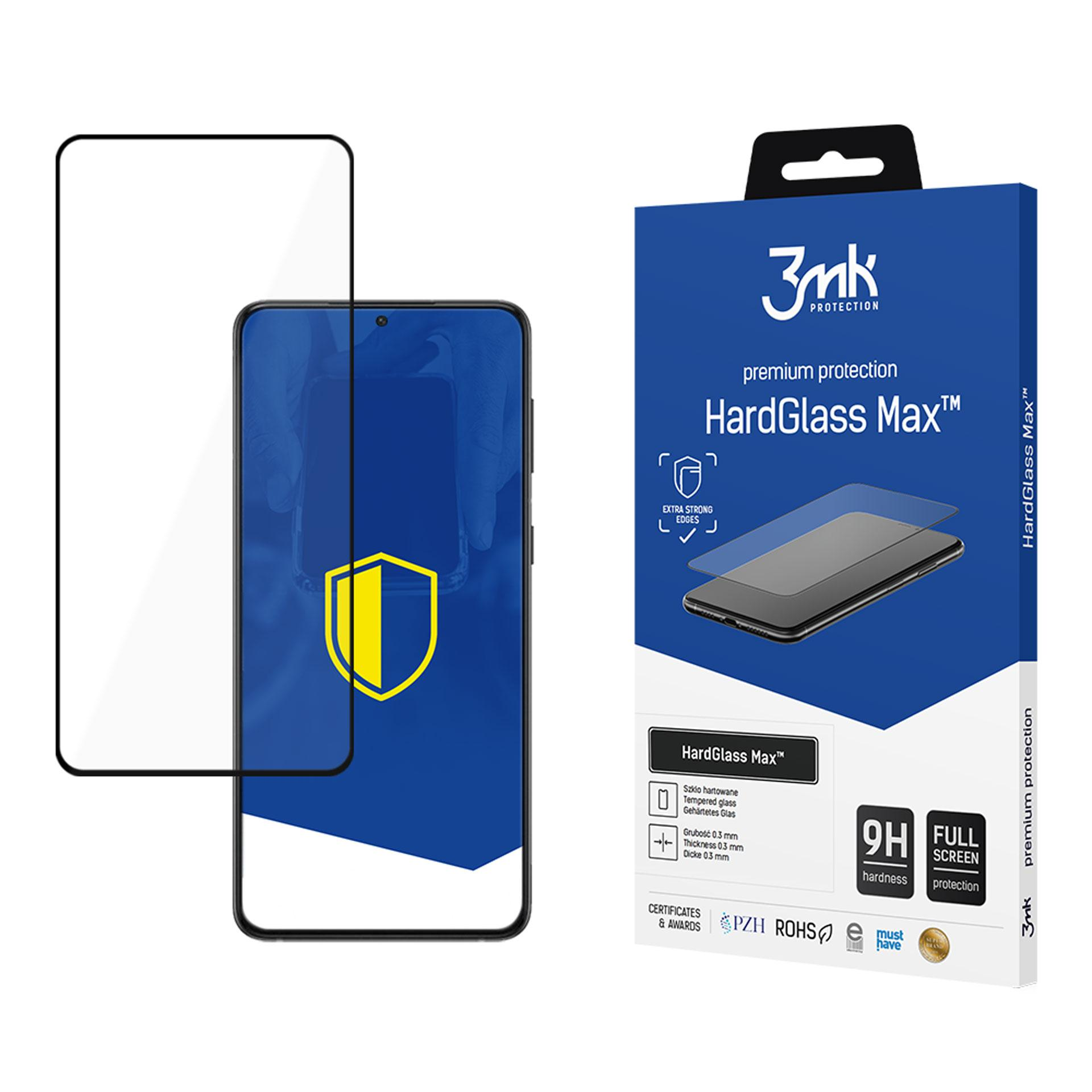 Un telefono con protezione schermo, con una scatola HardGlass Max. La scatola è blu e ha un logo 3mk in alto.
