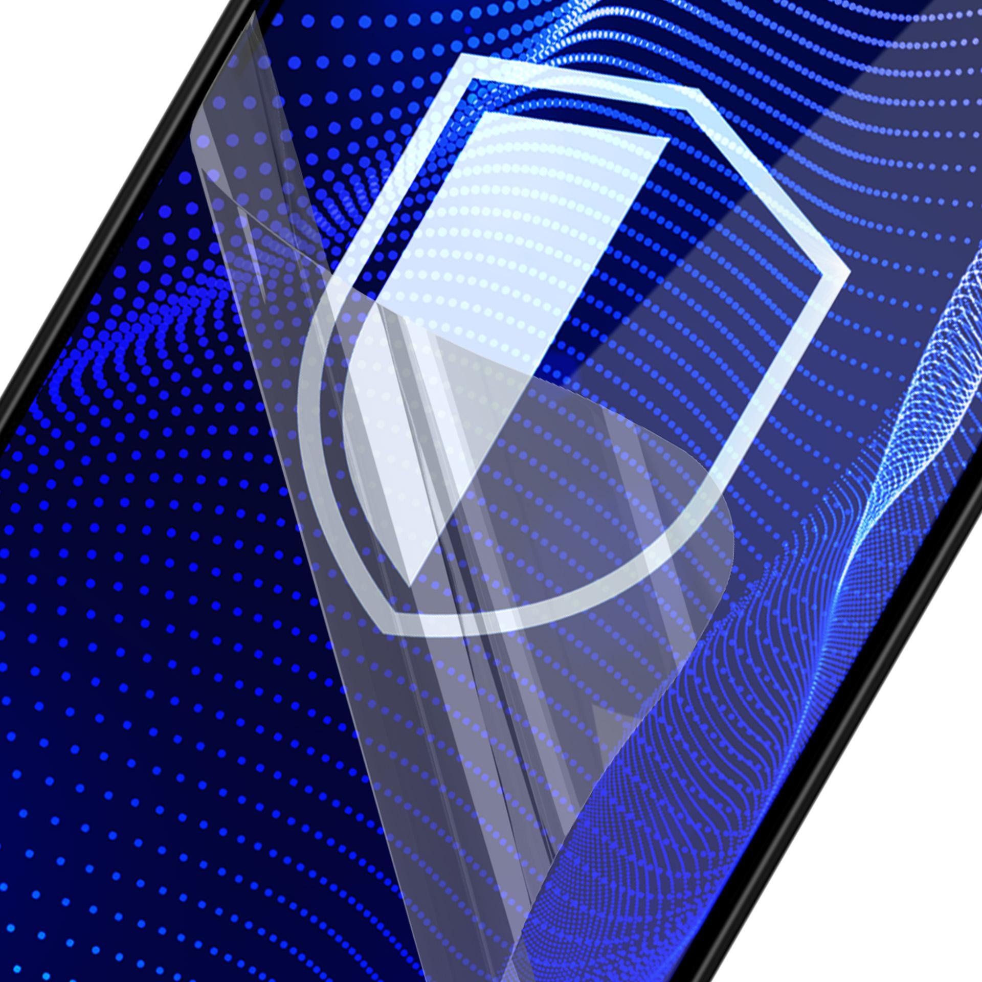 Lo schermo di un telefono mostra un motivo a punti blu con una forma bianca a scudo. È applicata una protezione per lo schermo trasparente.