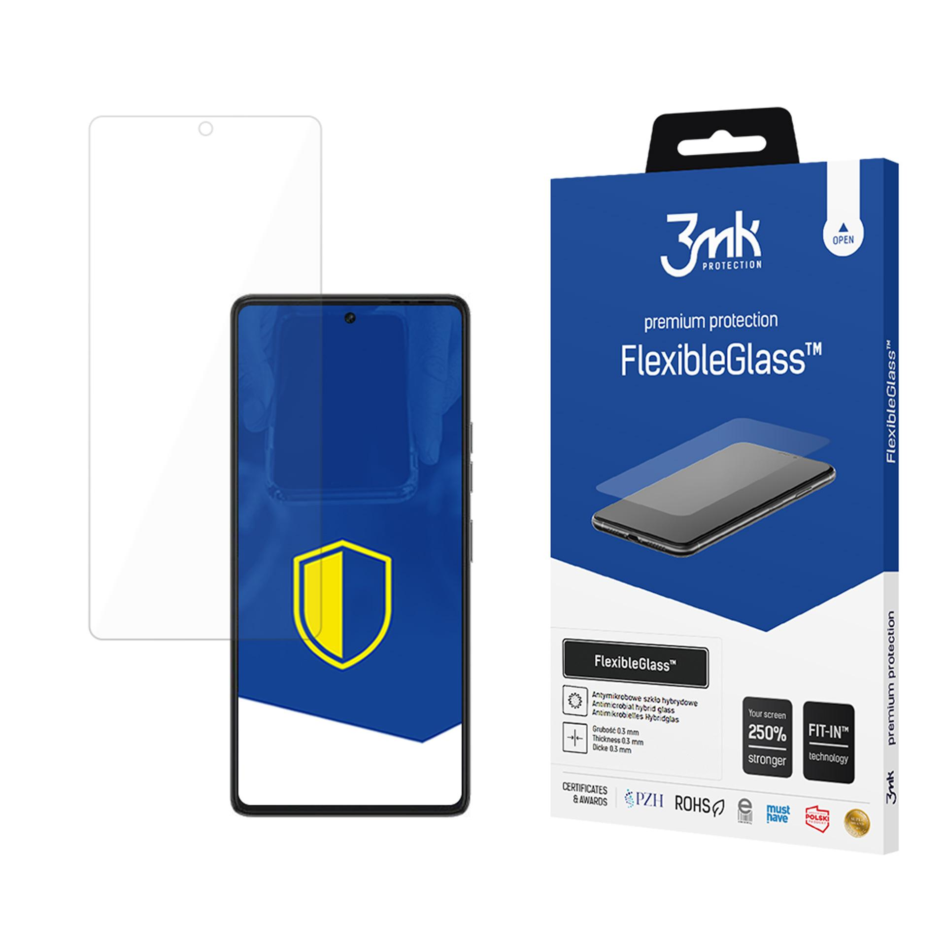 Uno smartphone con protezione schermo e confezione del prodotto. La scatola presenta il marchio 'FlexibleGlass' e un'immagine del telefono.