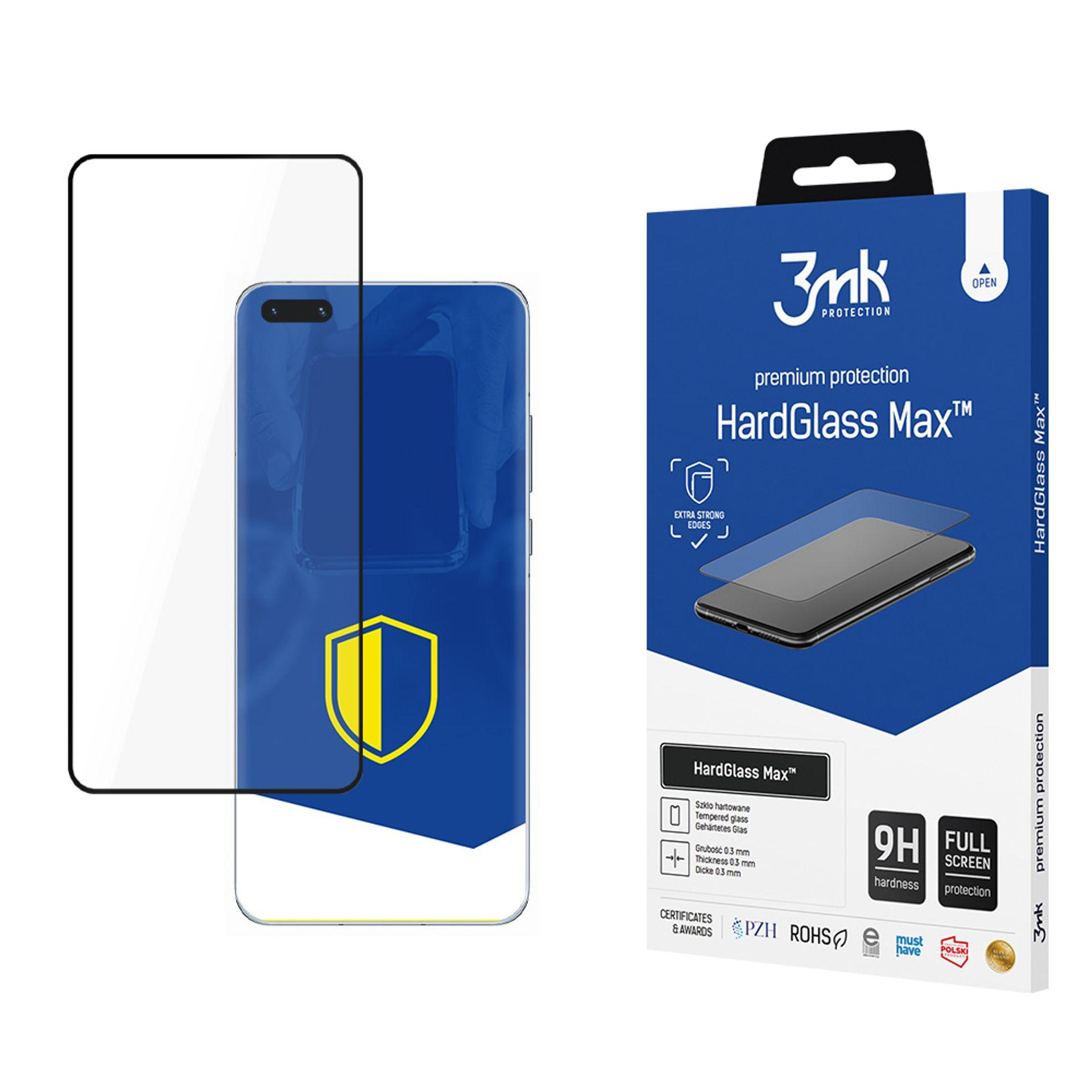 Un proteggi schermo per telefono vicino a un telefono e una scatola blu. La scatola mostra un telefono e il testo 'HardGlass Max'.