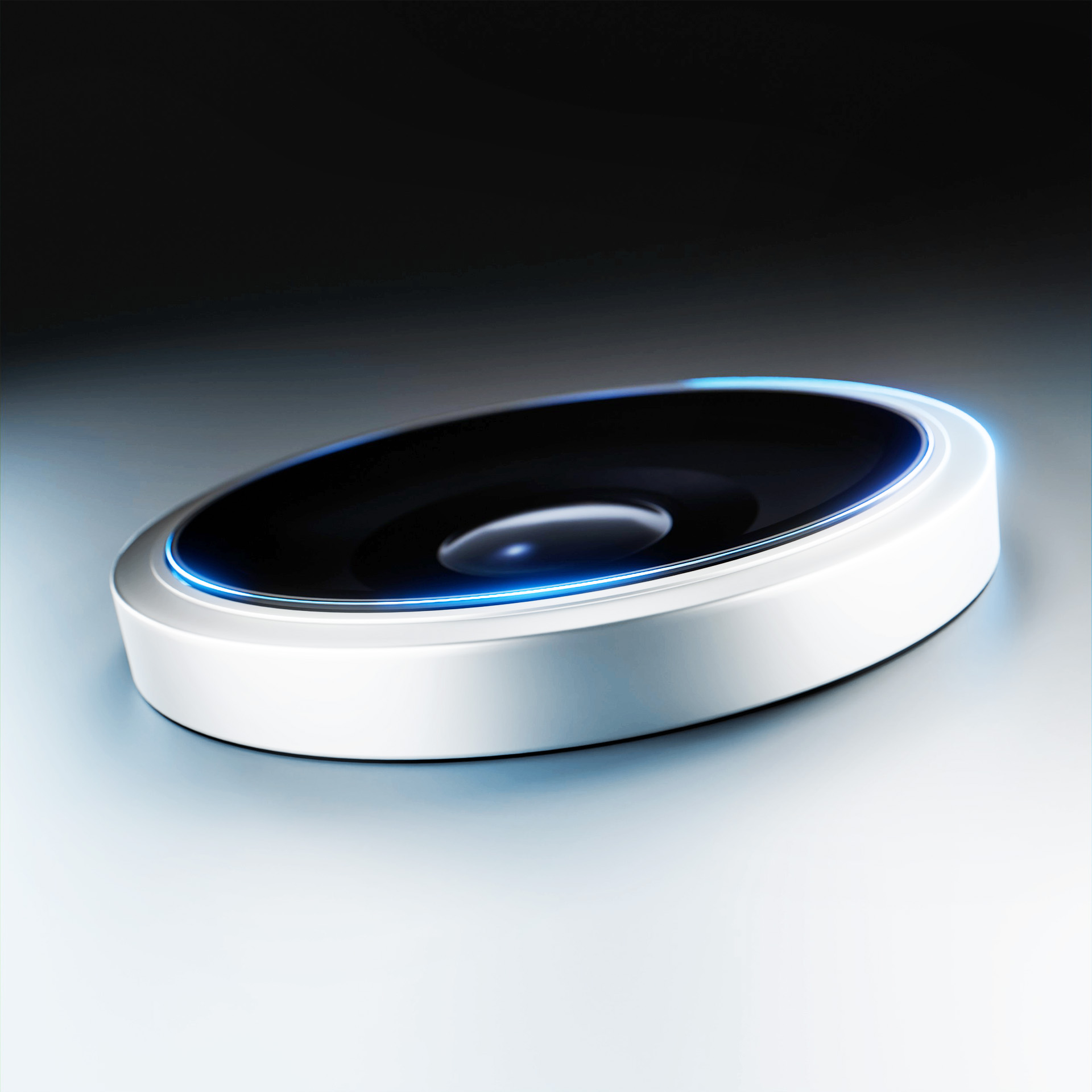 Un oggetto a forma di disco bianco e nero con un contorno blu brillante, su una superficie sfumata, sfondo scuro.