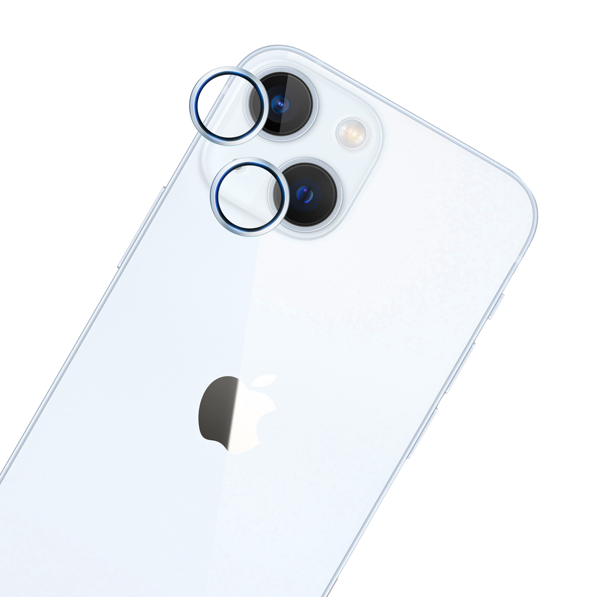 Un telefono bianco con tre obiettivi, due con protezioni applicate. Logo Apple sul retro.