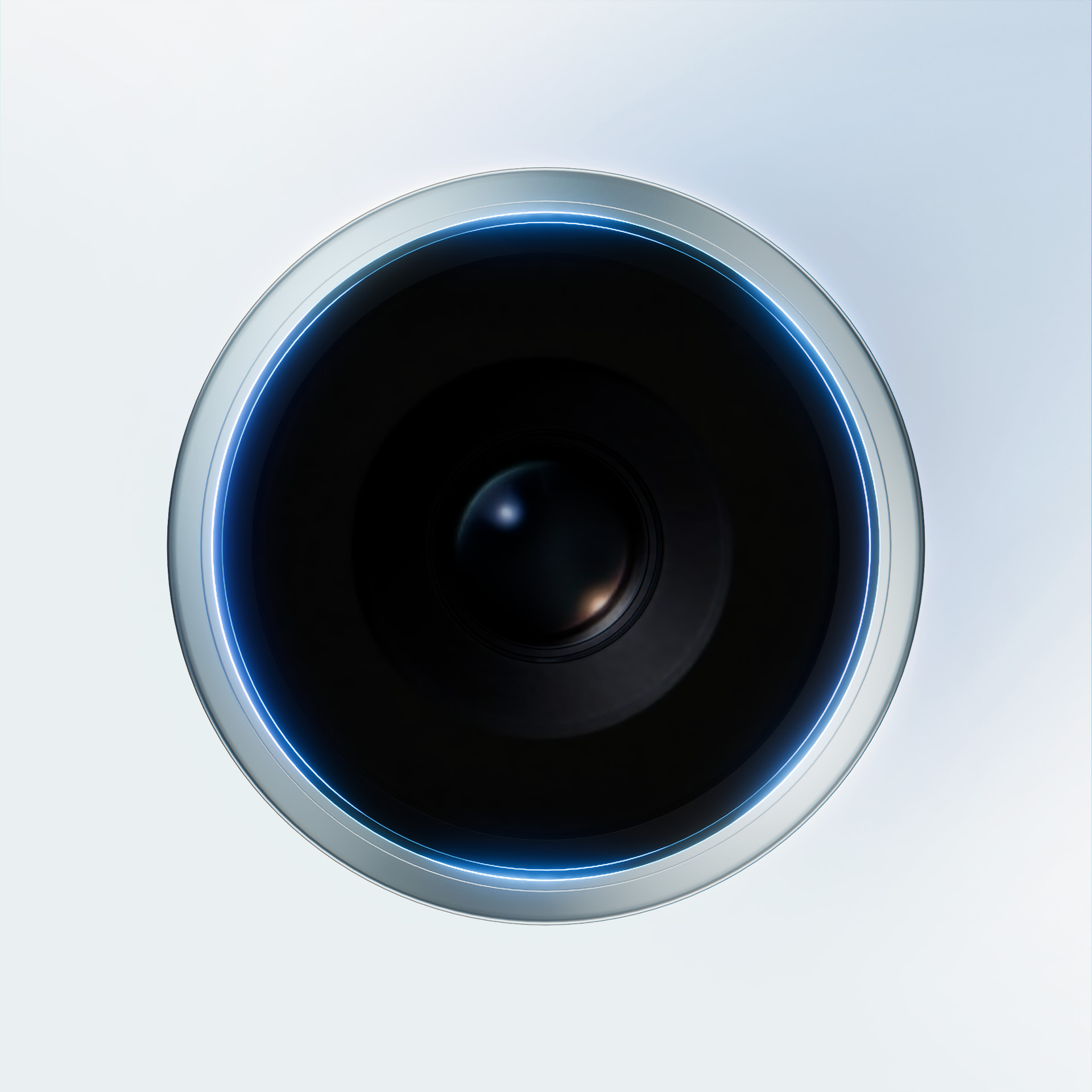Primo piano di un obiettivo della fotocamera. L'obiettivo è nero, circondato da un anello argentato con una luce al neon blu. Lo sfondo è bianco.
