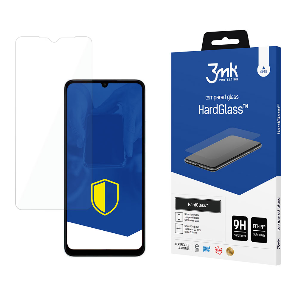 Uno smartphone con una protezione per lo schermo e la sua confezione. La scatola dice 'HardGlass' e '3mk Protection'.