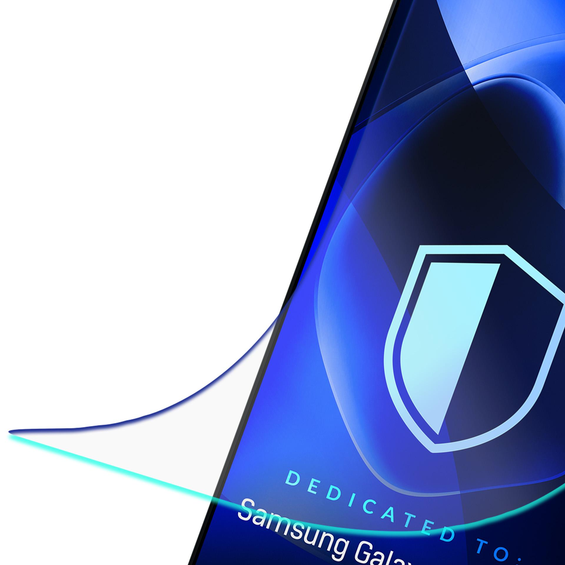 Schermo blu con icona scudo, testo bianco: Dedicato a Samsung Galaxy. Linee curve e sfondo bianco.