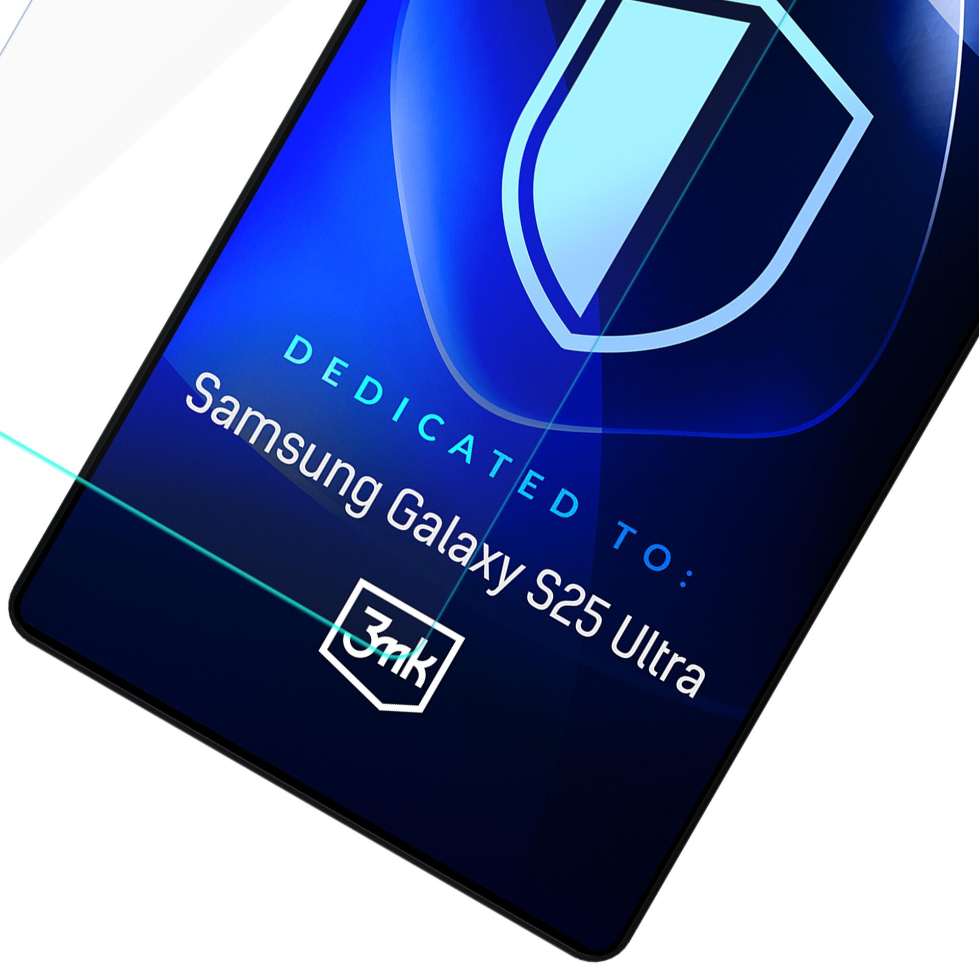 Un proteggi schermo per Samsung Galaxy S25 Ultra. Ha un logo a scudo blu e testo bianco su uno schermo nero.