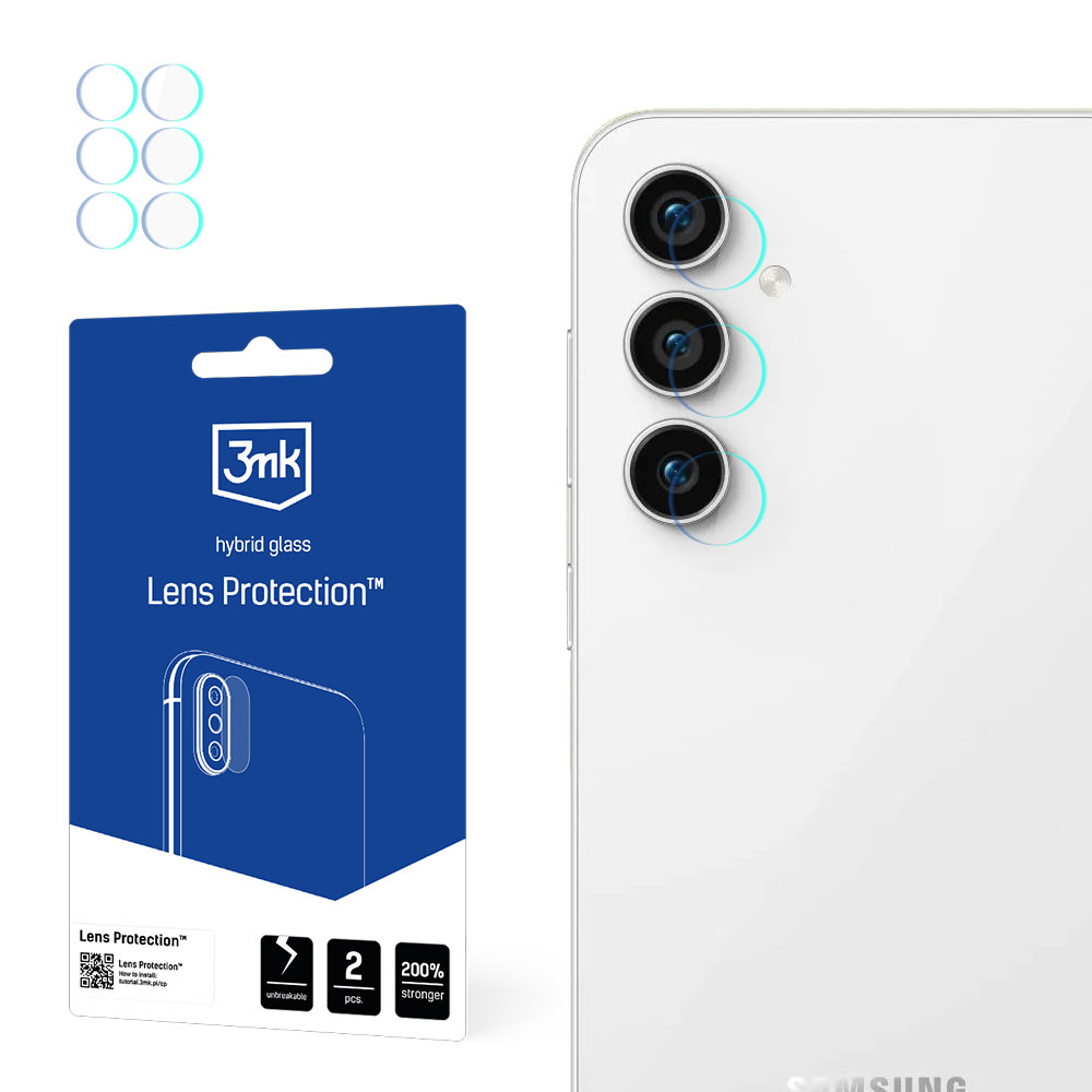 Un telefono bianco con lenti della fotocamera è vicino a una confezione blu di protezioni per lenti. La confezione dice 'Lens Protection'.