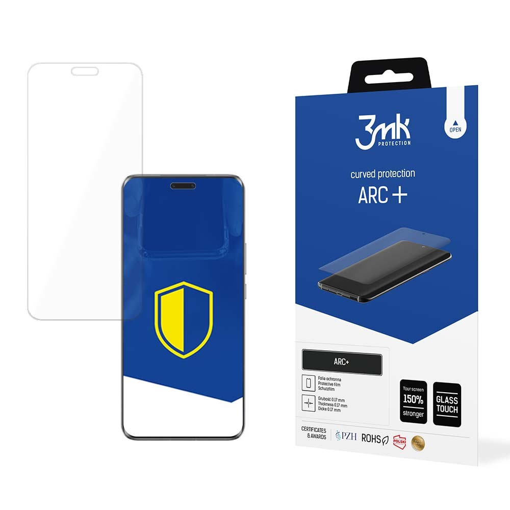 Una protezione per lo schermo del telefono e la sua confezione. La confezione è blu con testo bianco e un logo. Viene visualizzato un telefono.