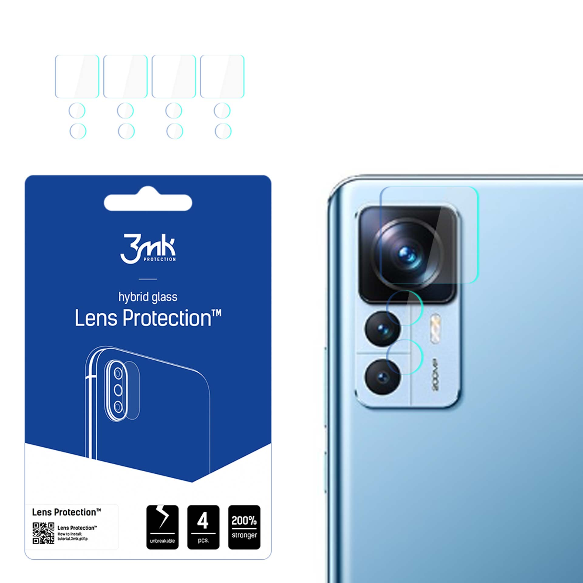Kit di protezione lenti per telefono con retro blu. Il kit include vetro protettivo e telefono con protezione applicata.