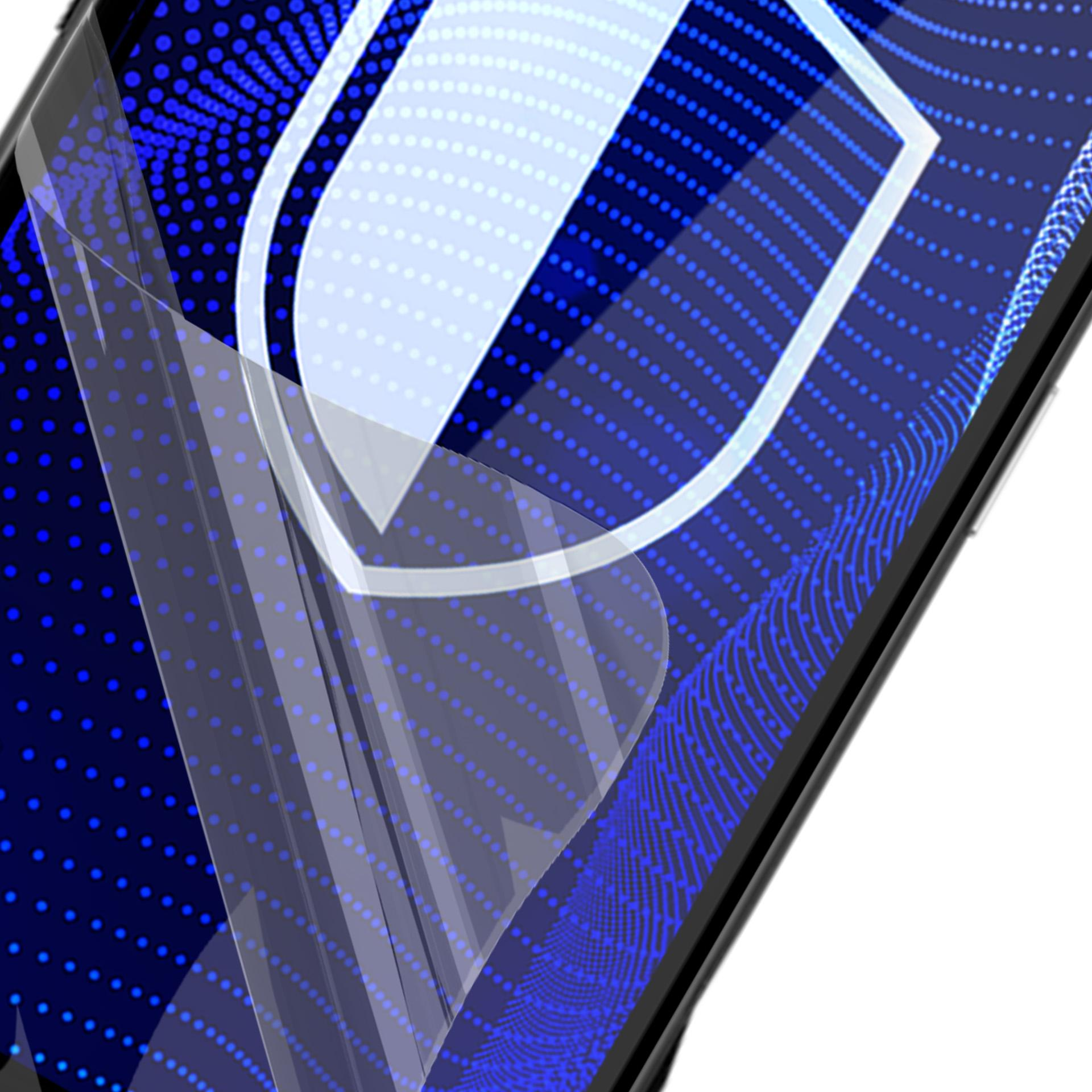 Ekran telefonu z warstwą ochronną. Wyświetla niebieski wzór w kropki i białą tarczę.