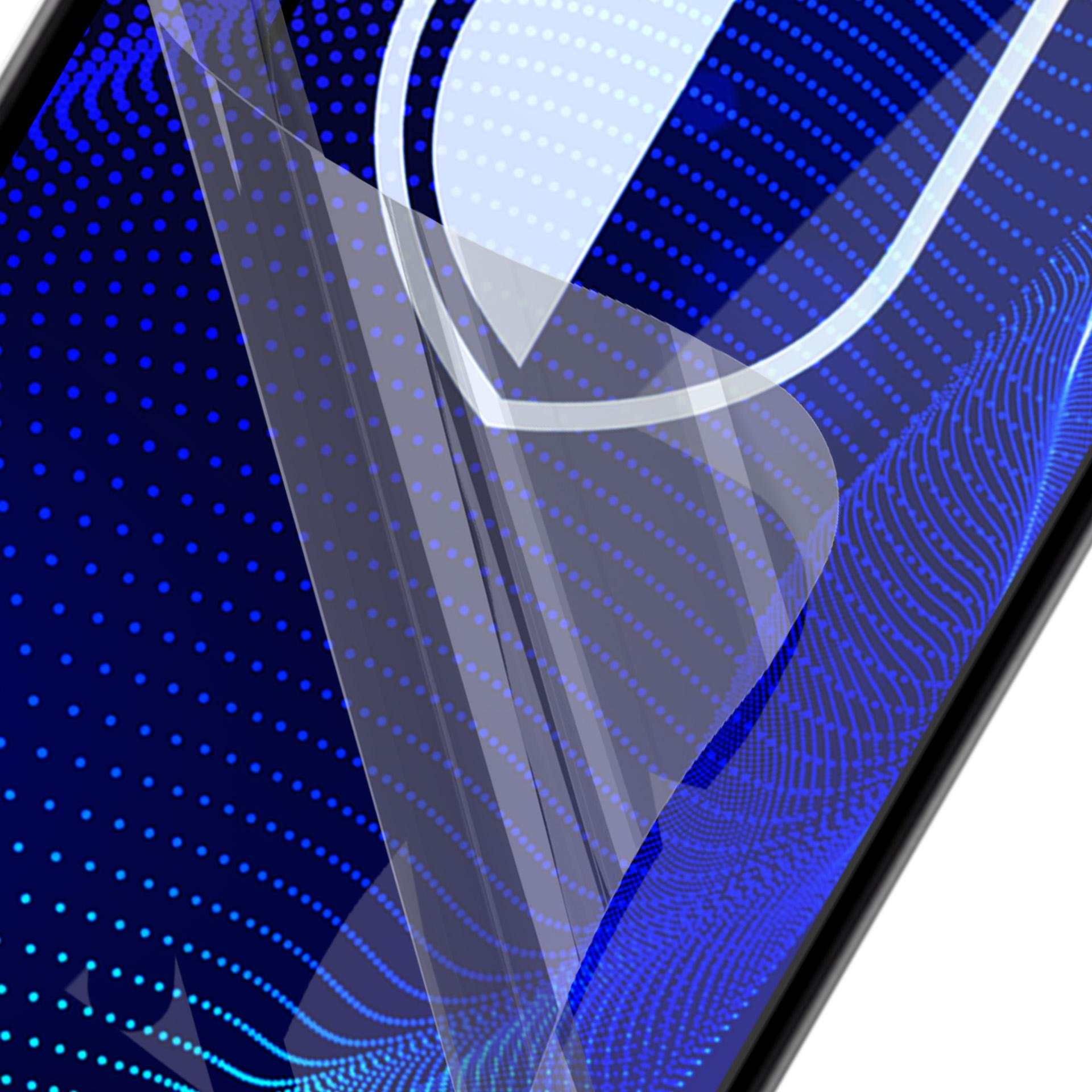 Nakładanie ochraniacza ekranu smartfona. Ekran wyświetla niebieski, wzorzysty abstrakcyjny wzór. Zdejmowana jest przezroczysta ochrona.