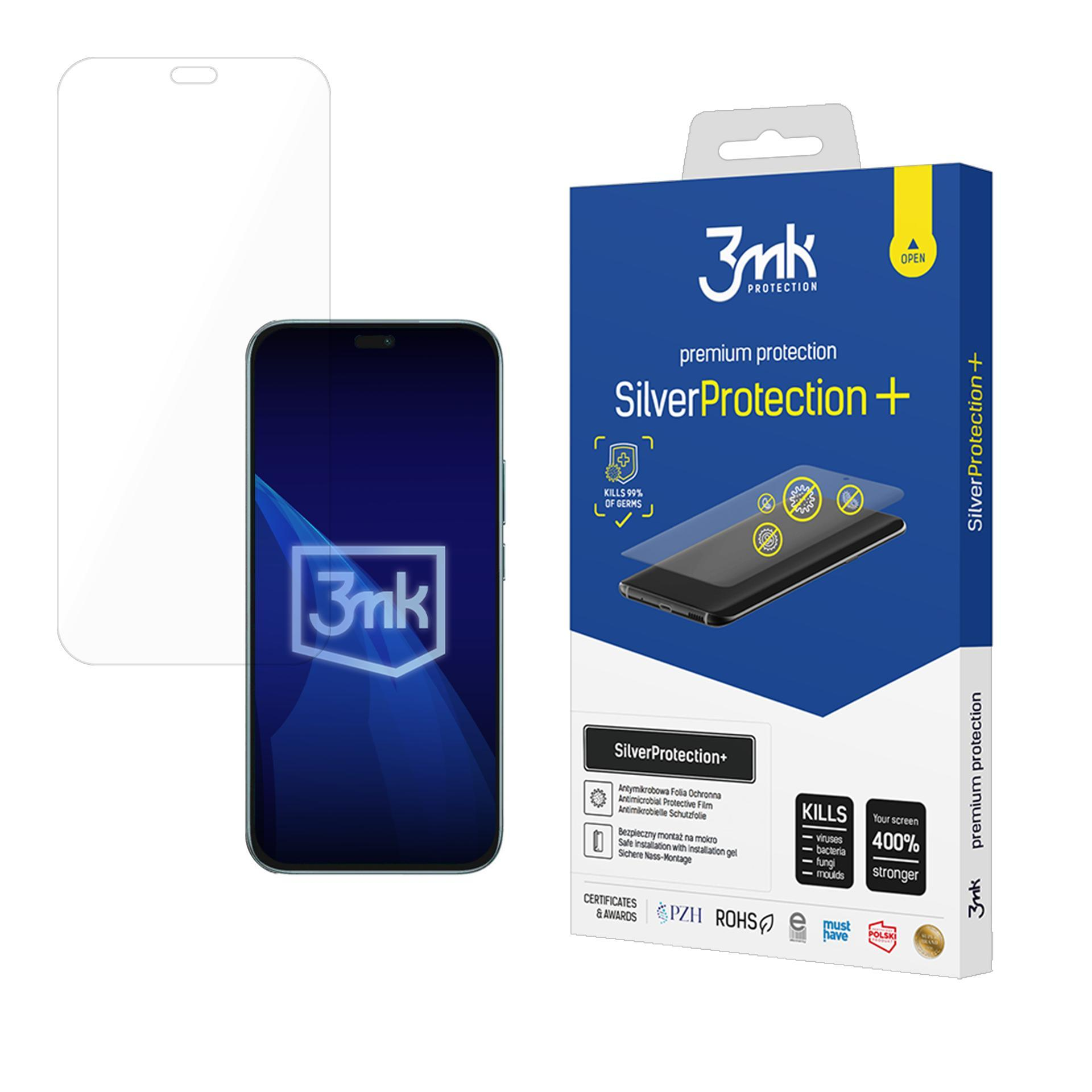 Scatola per protezione schermo per telefono con telefono, protezione e testo Silver Protection+.